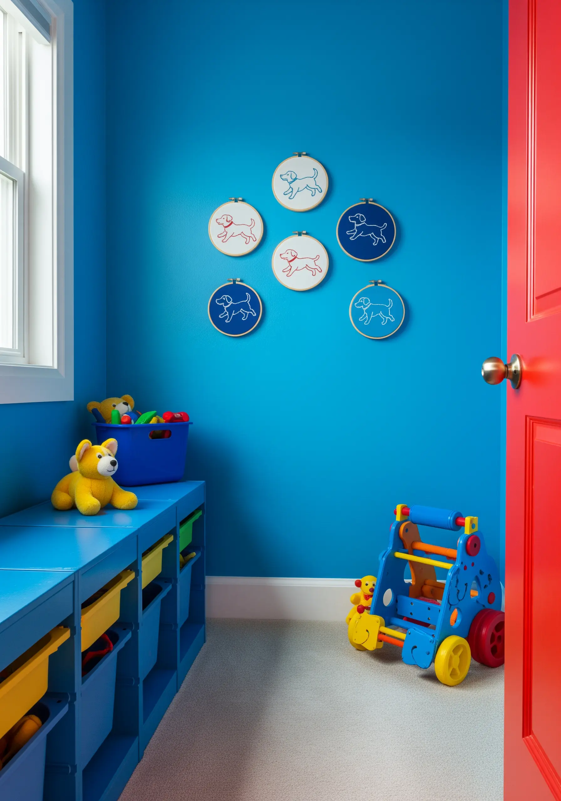 A cluster of six embroidery hoops with simple dog outlines in red, white, and blue, against a bright blue wall.