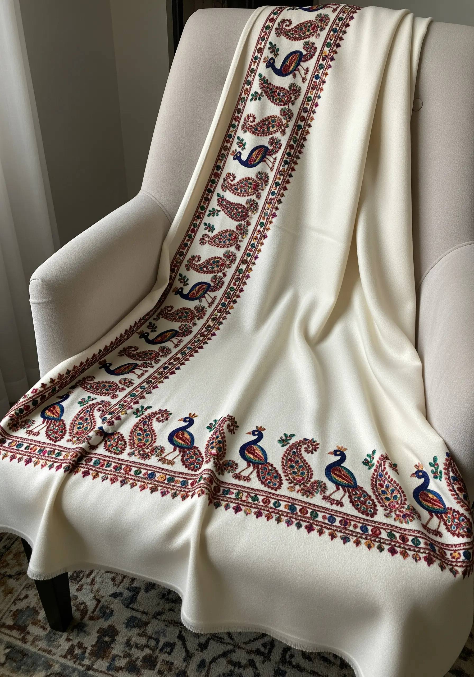 A repeating border of stylized peacocks and paisley motifs on a cream-colored shawl.