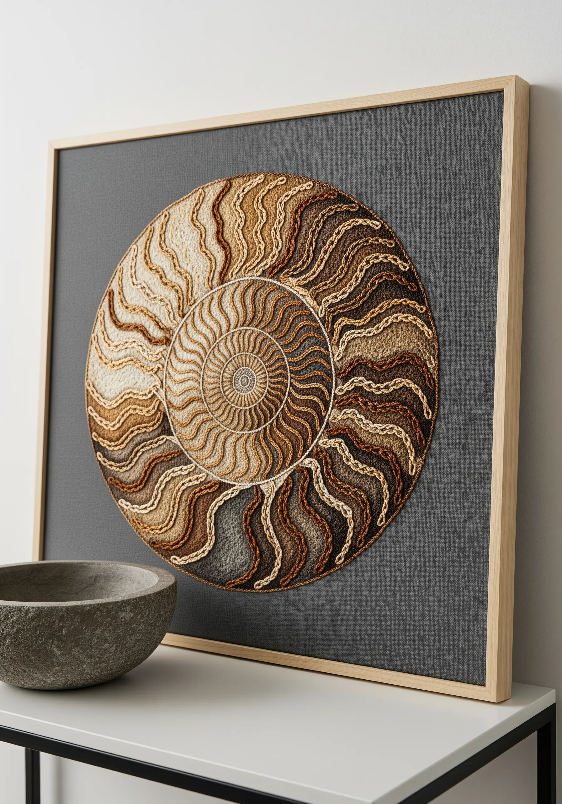 Framed embroidery of an ammonite fossil with concentric rings of chain stitch in earth tones.