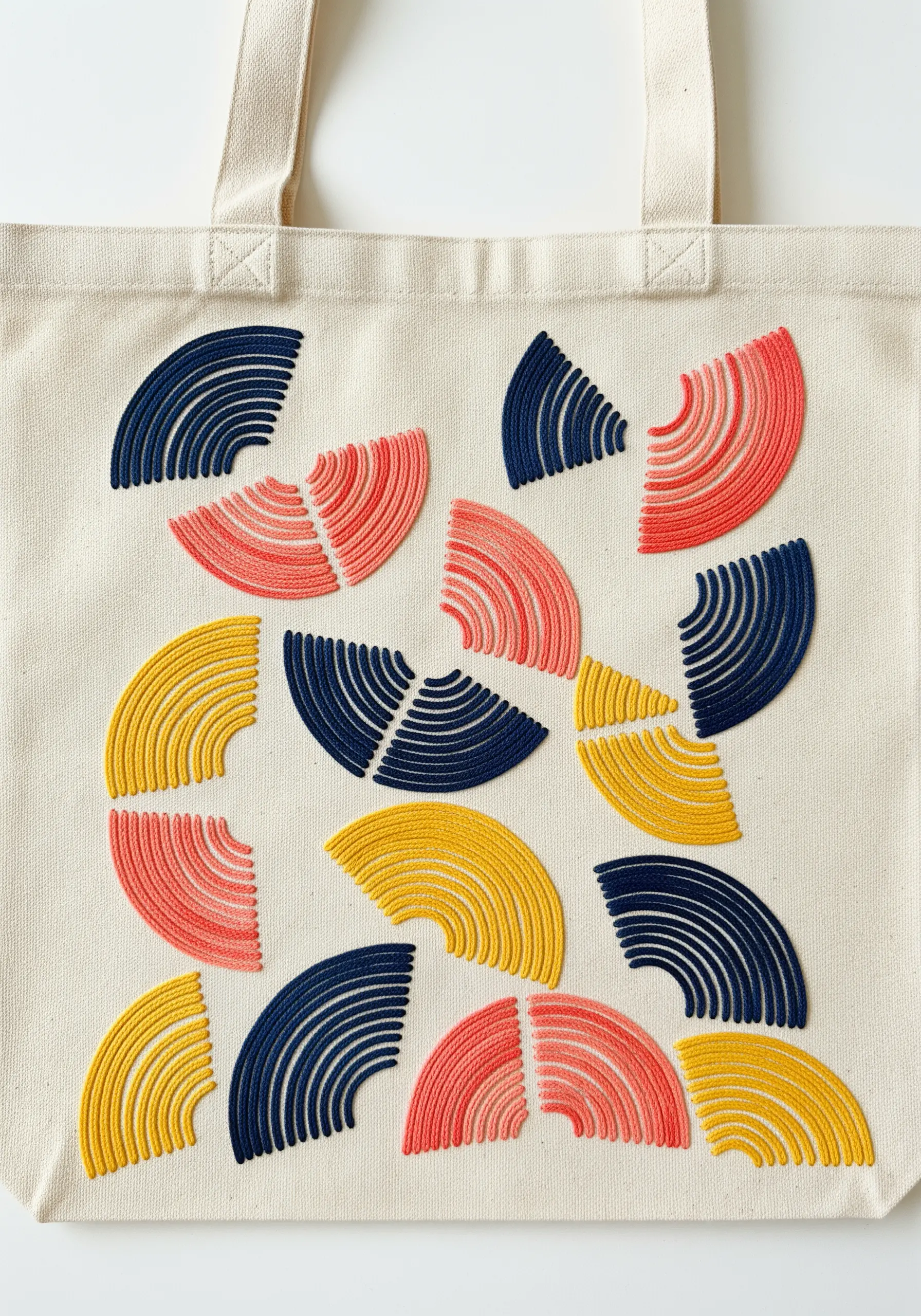 A canvas tote bag decorated with repeating, broken-arc embroidery in yellow, blue, and coral.
