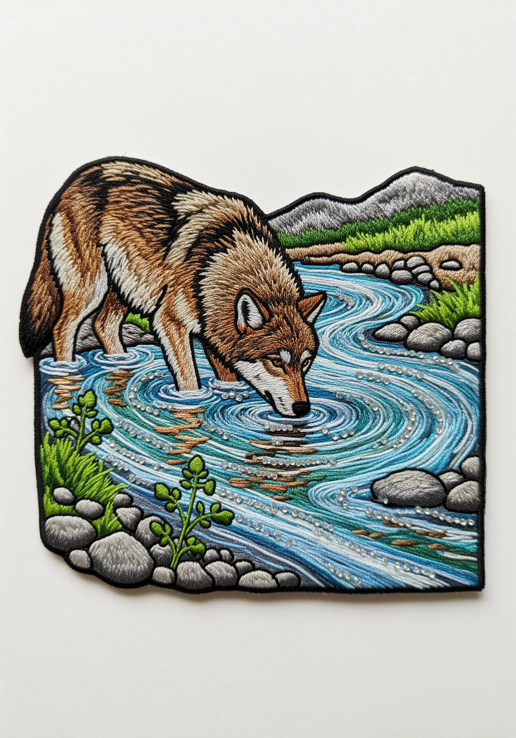 An embroidered patch of a wolf drinking from a river with sparkling water.