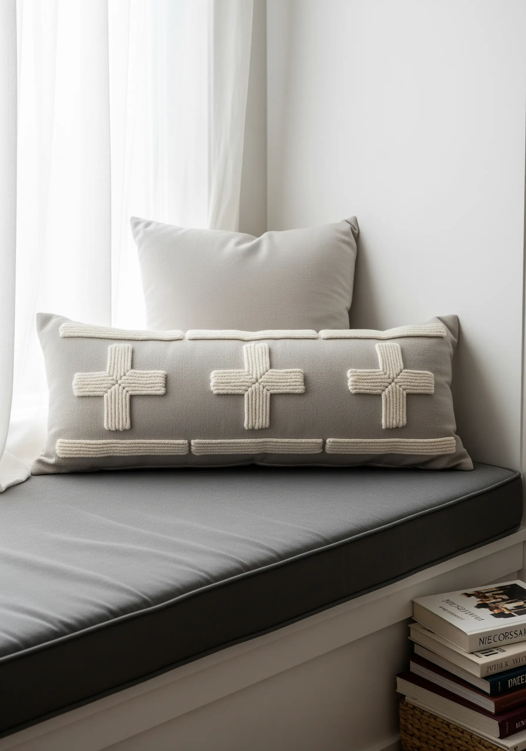 A gray lumbar pillow with three-dimensional crosses made from couched cream-colored yarn.