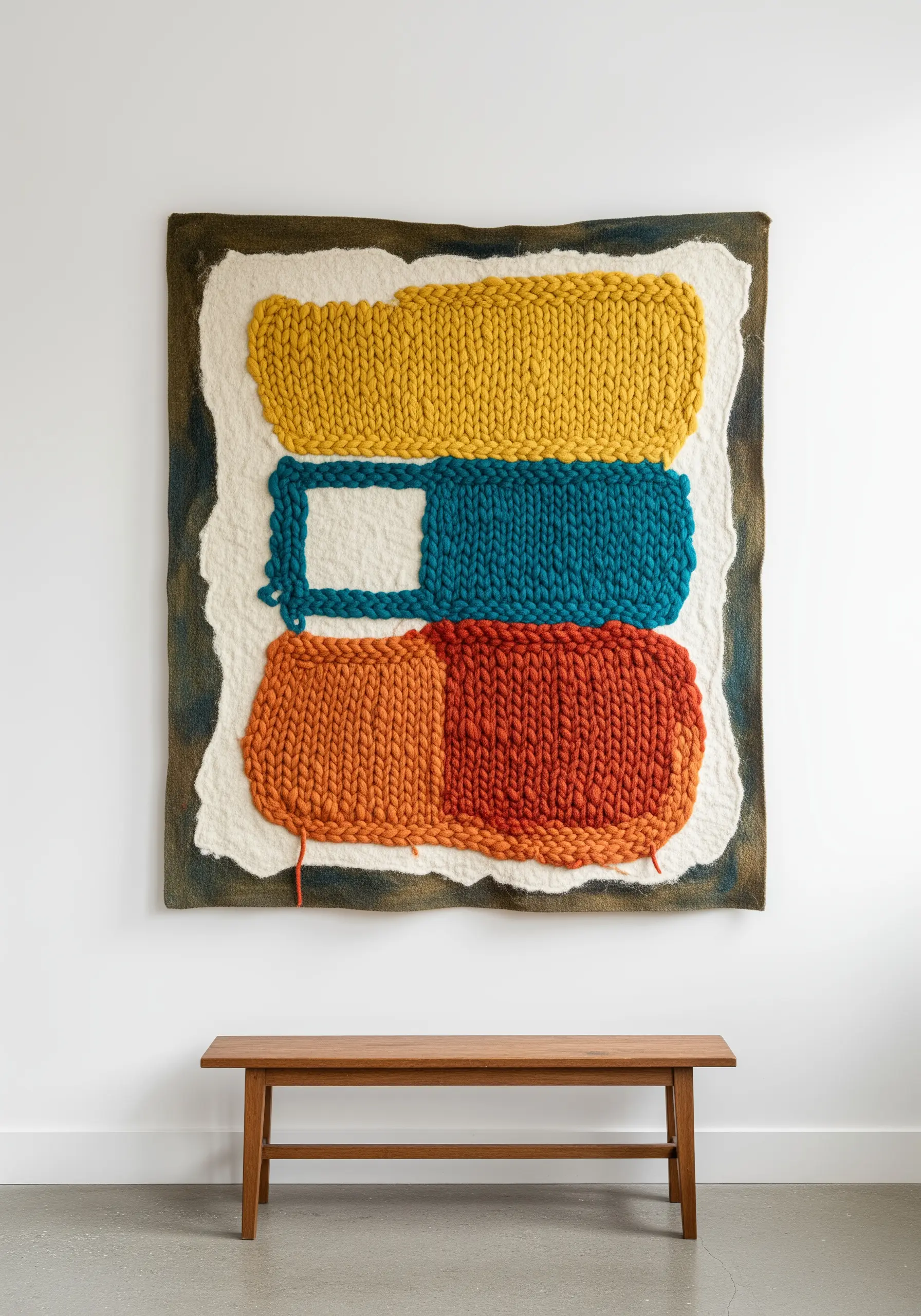 A large abstract wall hanging combining chunky knit blocks in yellow, teal, and orange.