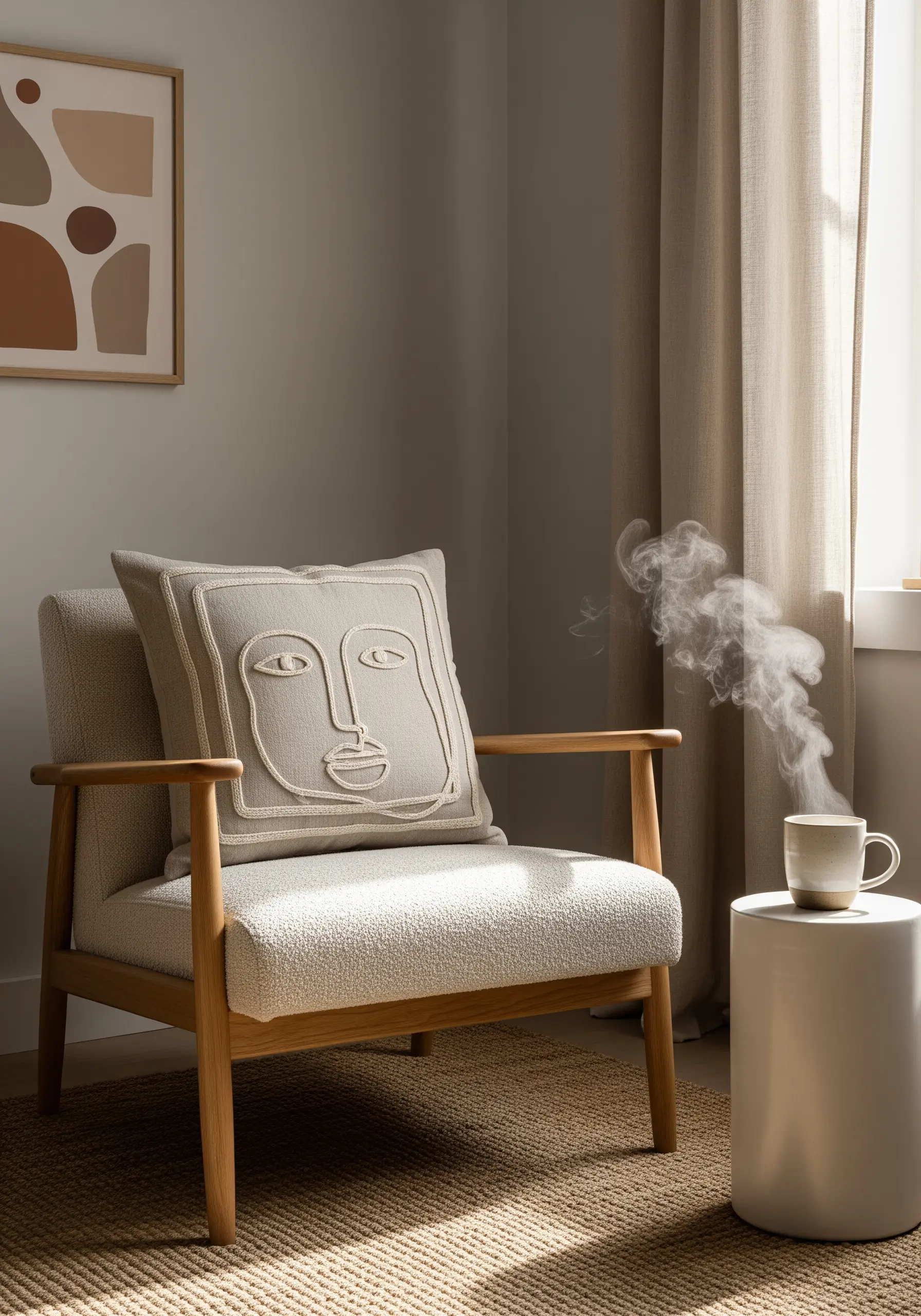 Abstract face embroidered on a beige cushion using a raised cord couching technique.