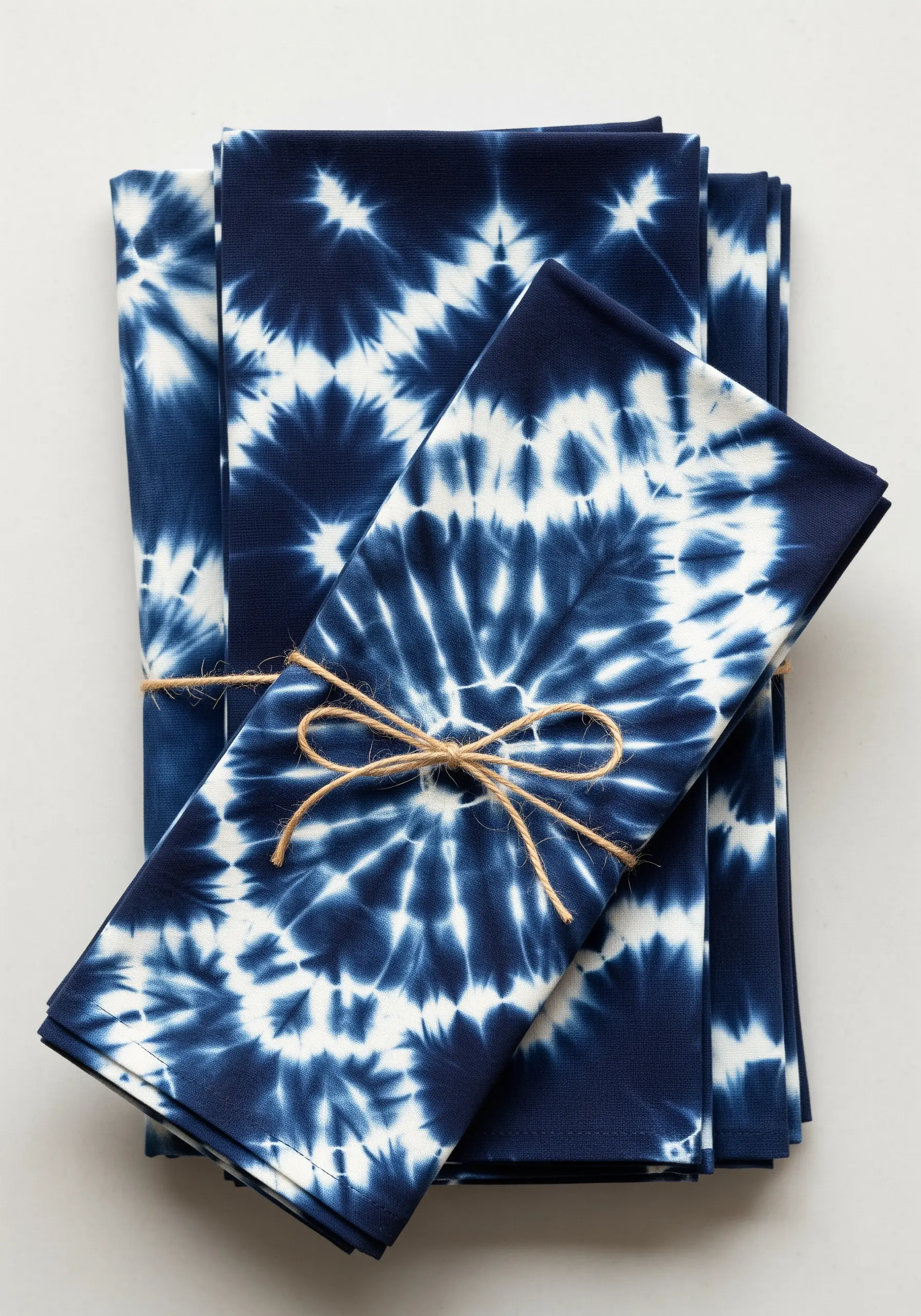 A stack of indigo Shibori tie-dyed napkins with intricate starburst patterns.