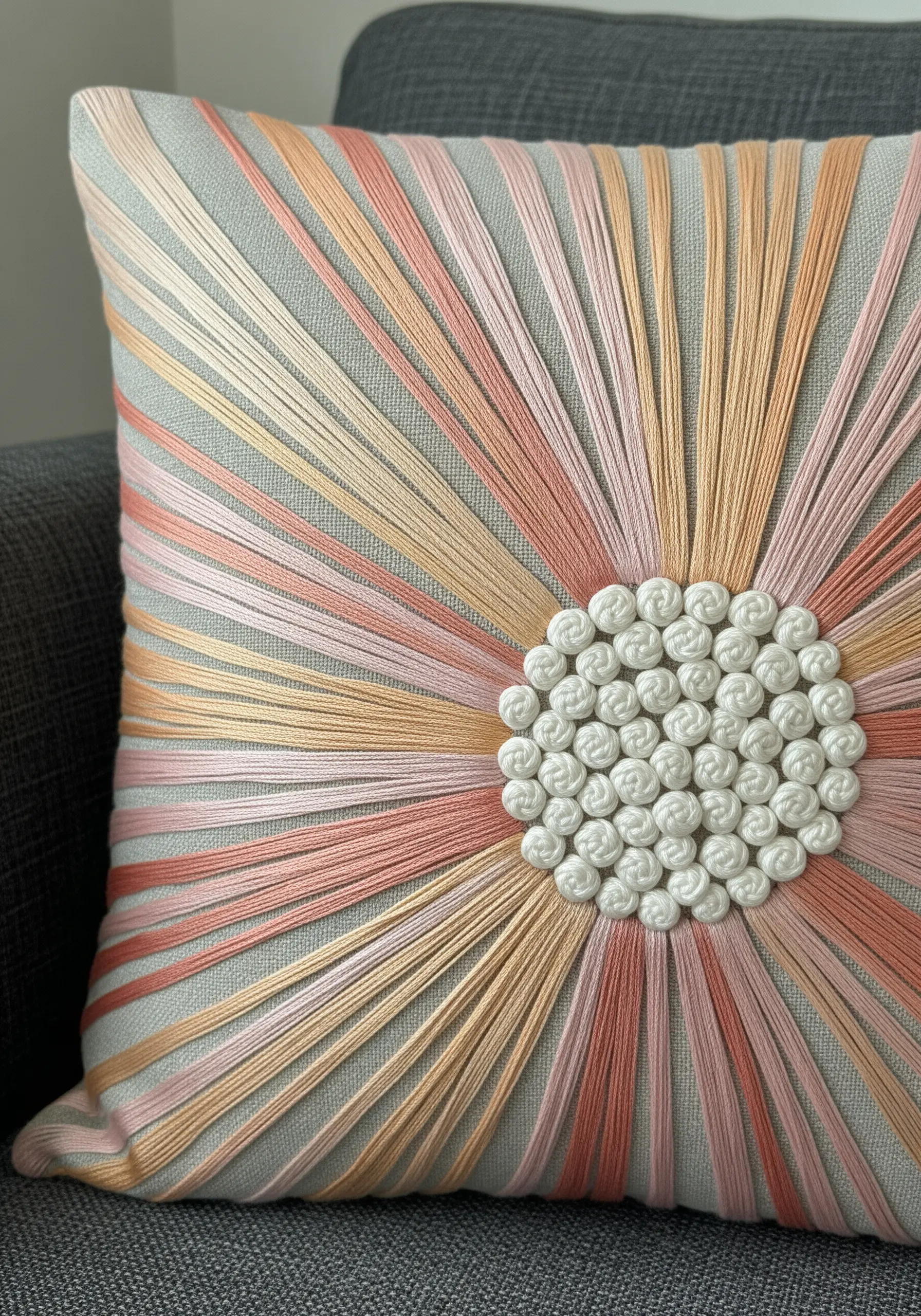 Abstract floral pillow with radiating pink and peach threads and a white knotted center.