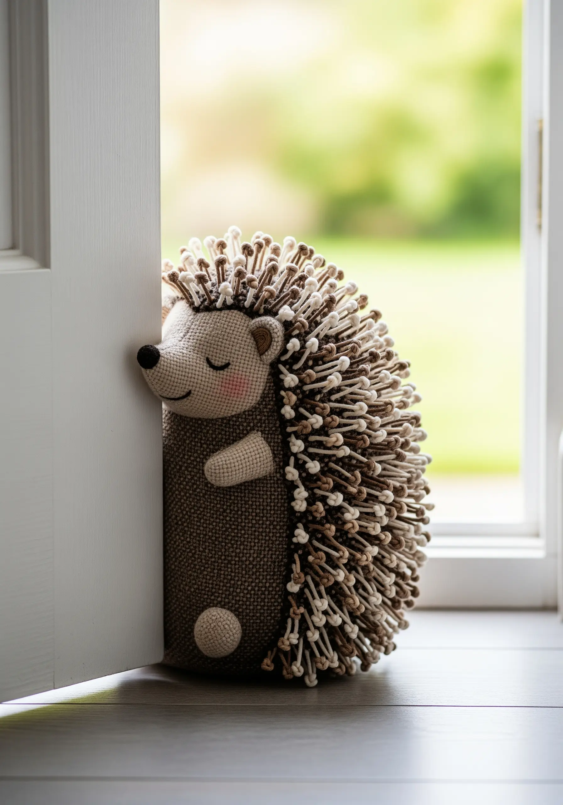 A charming hedgehog doorstop with a textured back made of dense, looped, and snipped threads.