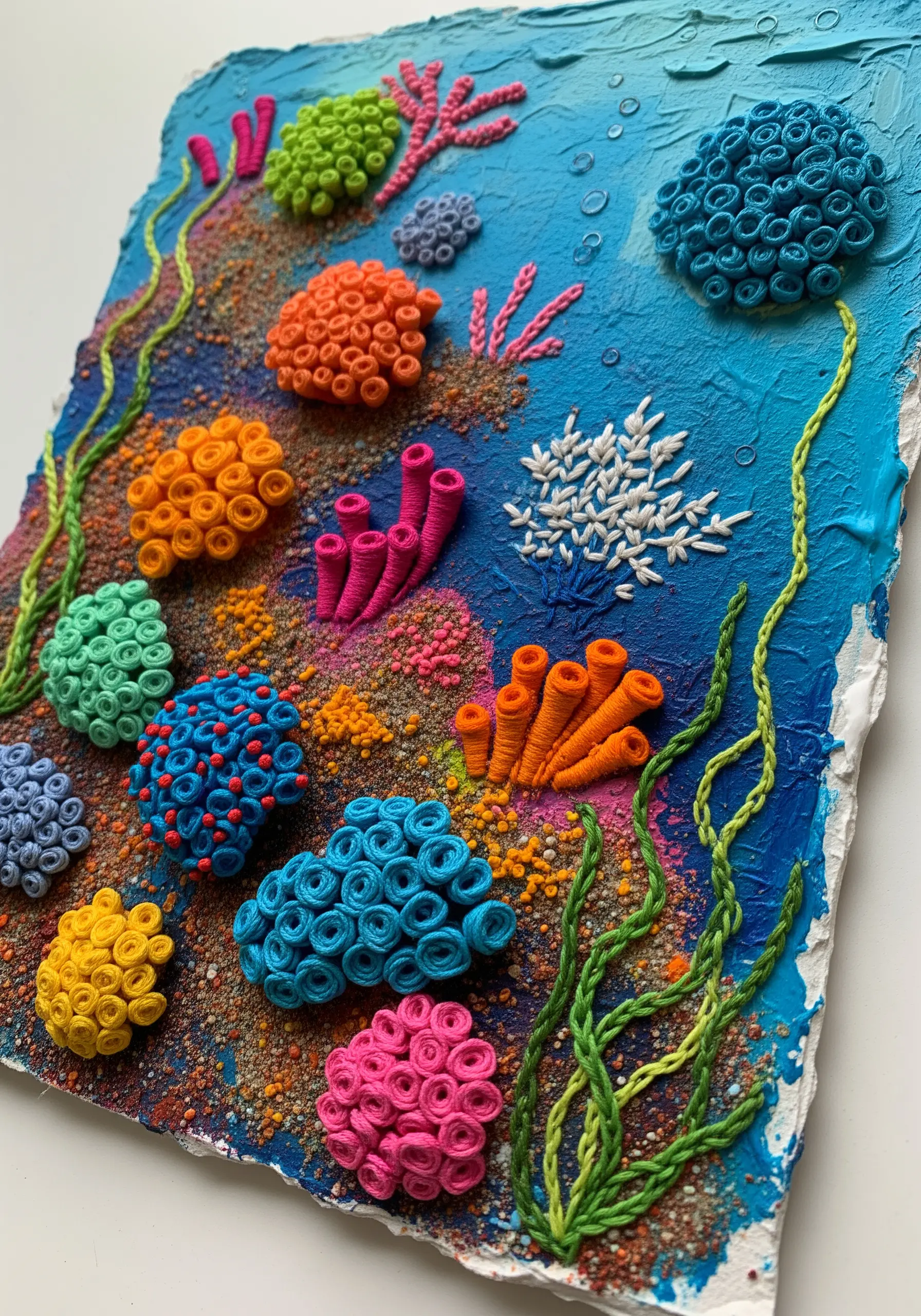 3D embroidered coral reef with French knots on a textured, sand-painted background.
