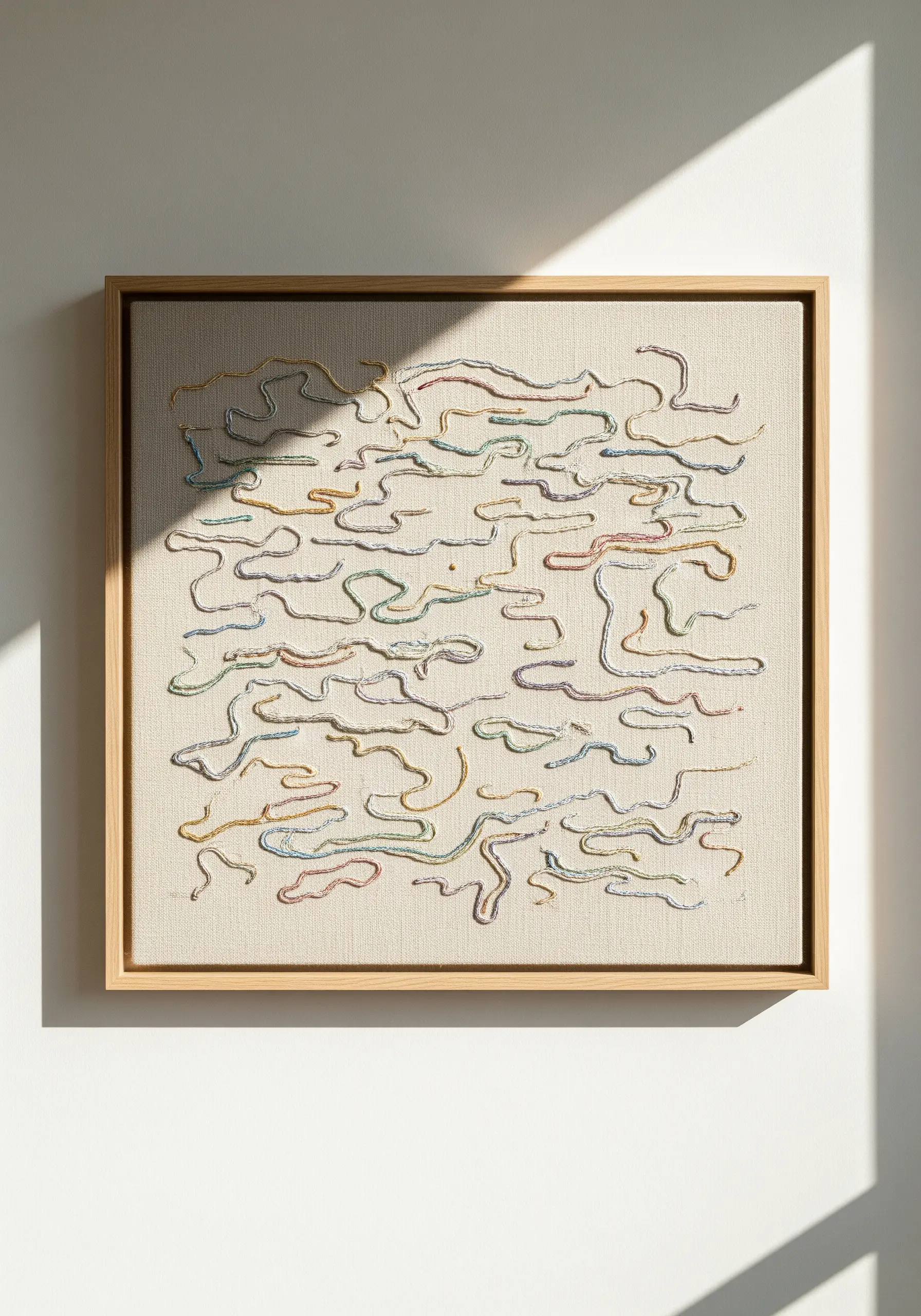 A framed abstract embroidery piece with meandering, raised lines of multi-colored thread on a neutral canvas.