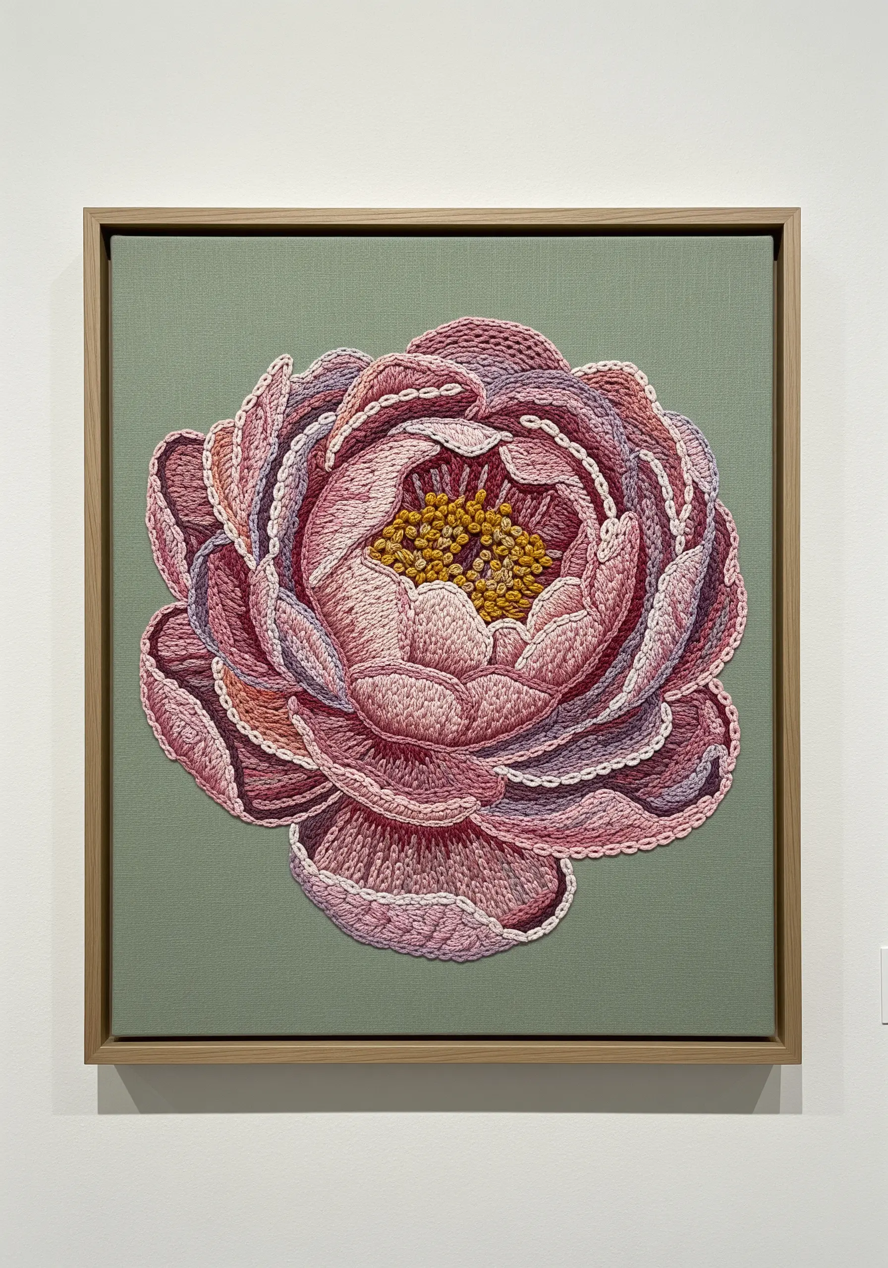 A framed pink peony with visible, textured chain stitches filling each petal.