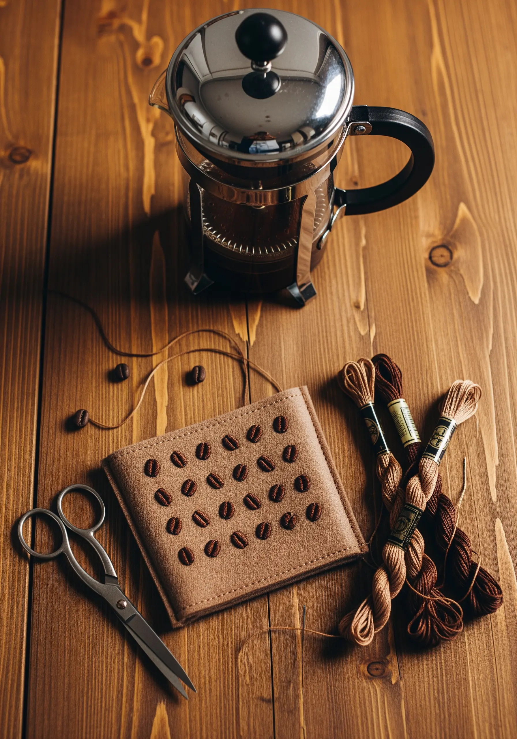 A small faux leather pouch embroidered with a pattern of coffee beans, next to floss and a coffee press.