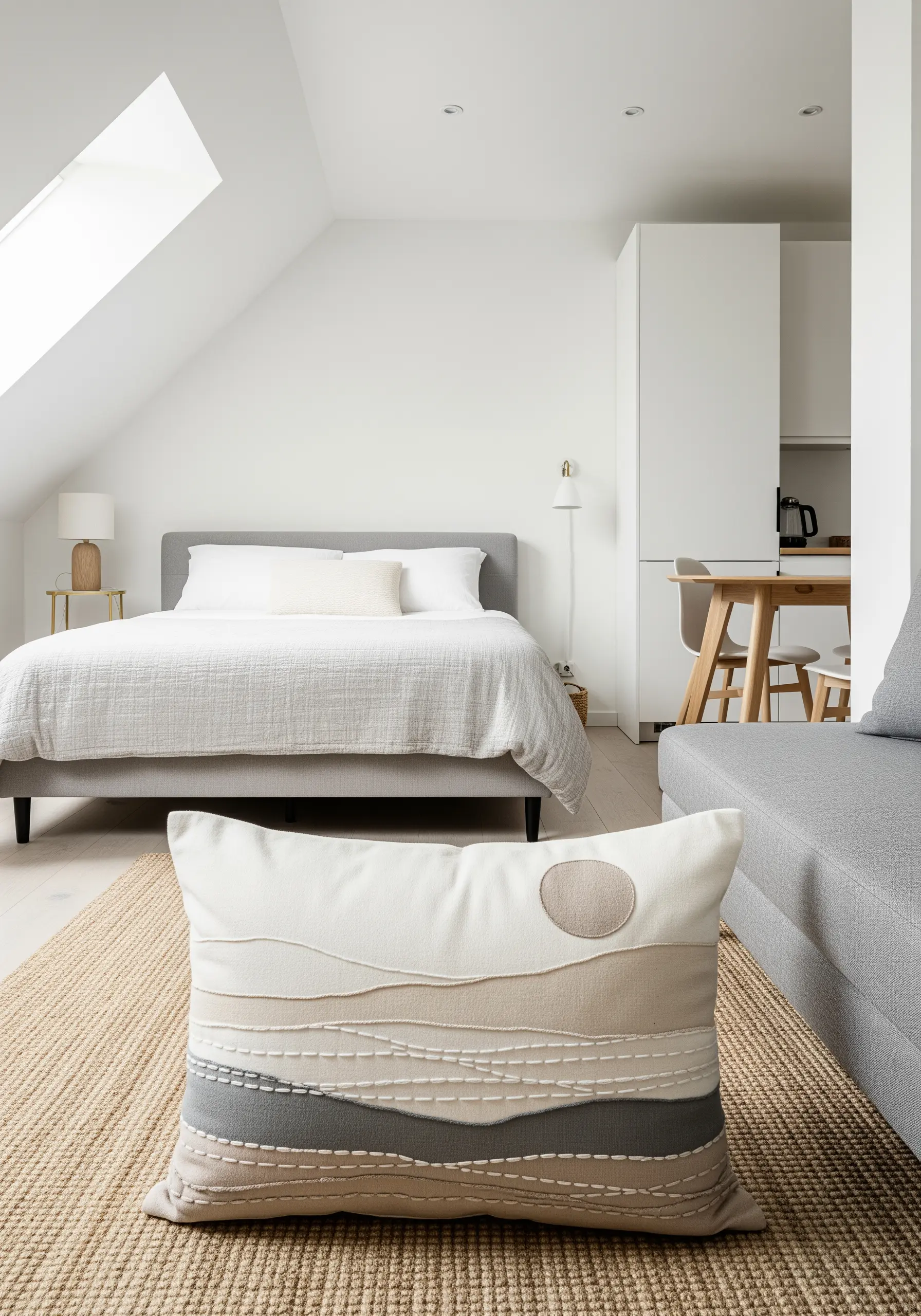 A landscape pillow created with layered neutral fabric appliqué and subtle running stitches.