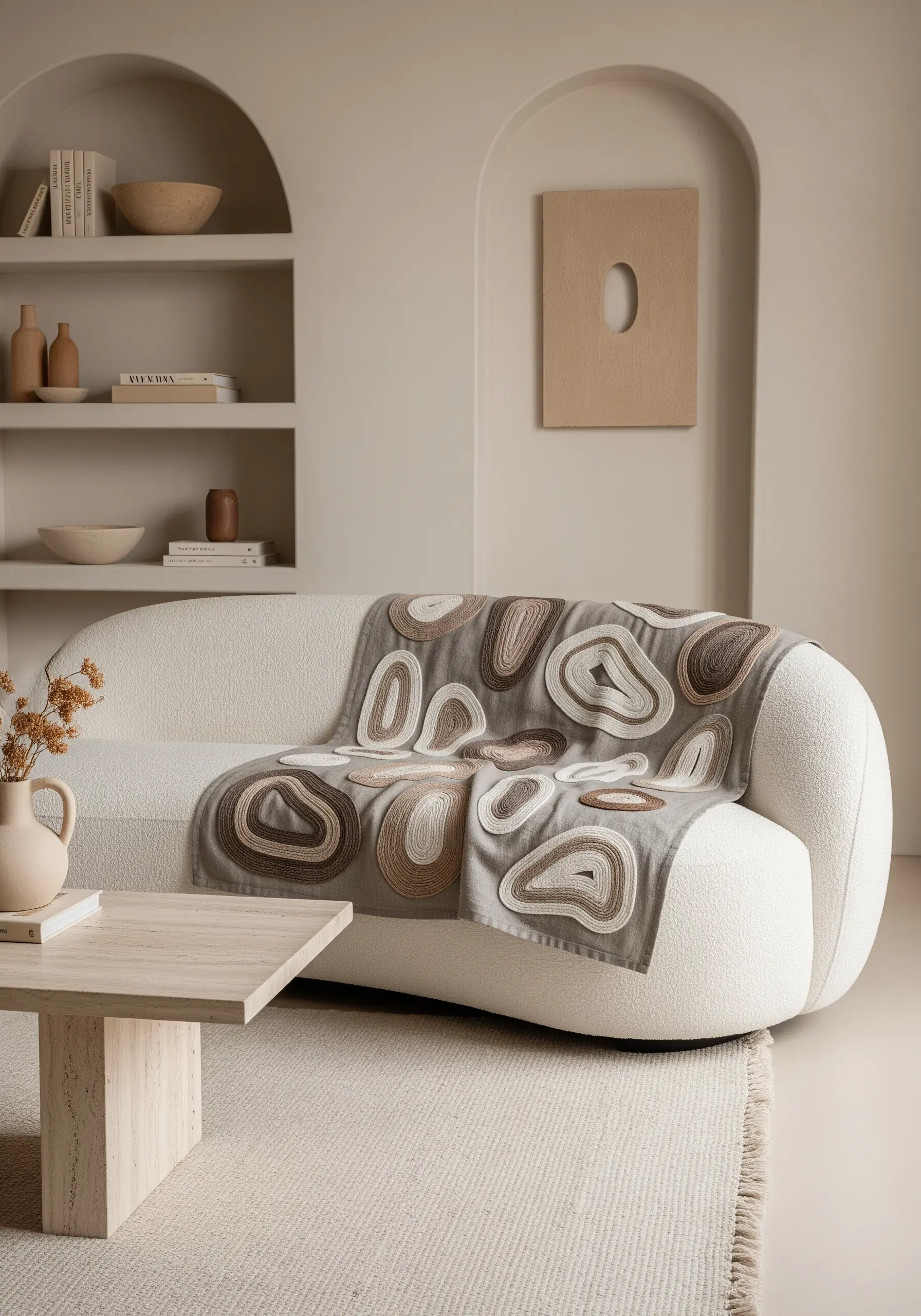 Abstract, stone-like shapes with concentric rings of color on a taupe throw.