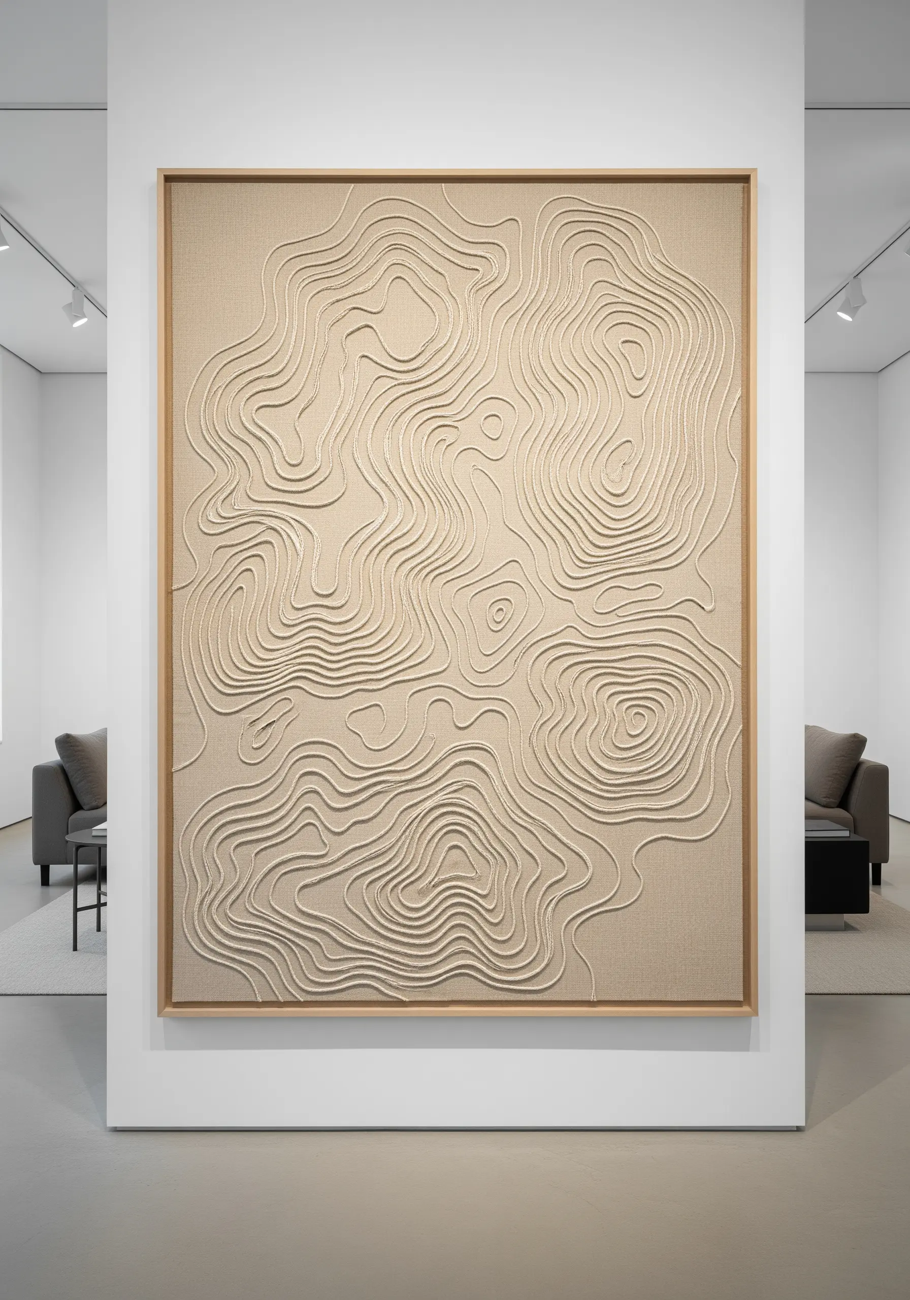 Large-scale framed embroidery art with raised, cream-colored lines forming a topographic map.