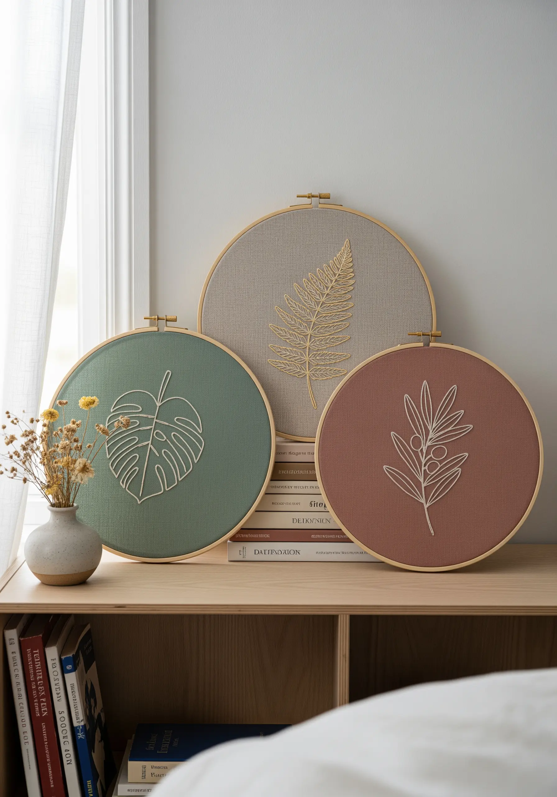 Three botanical embroidery hoops on green, beige, and terracotta-colored linen fabrics.