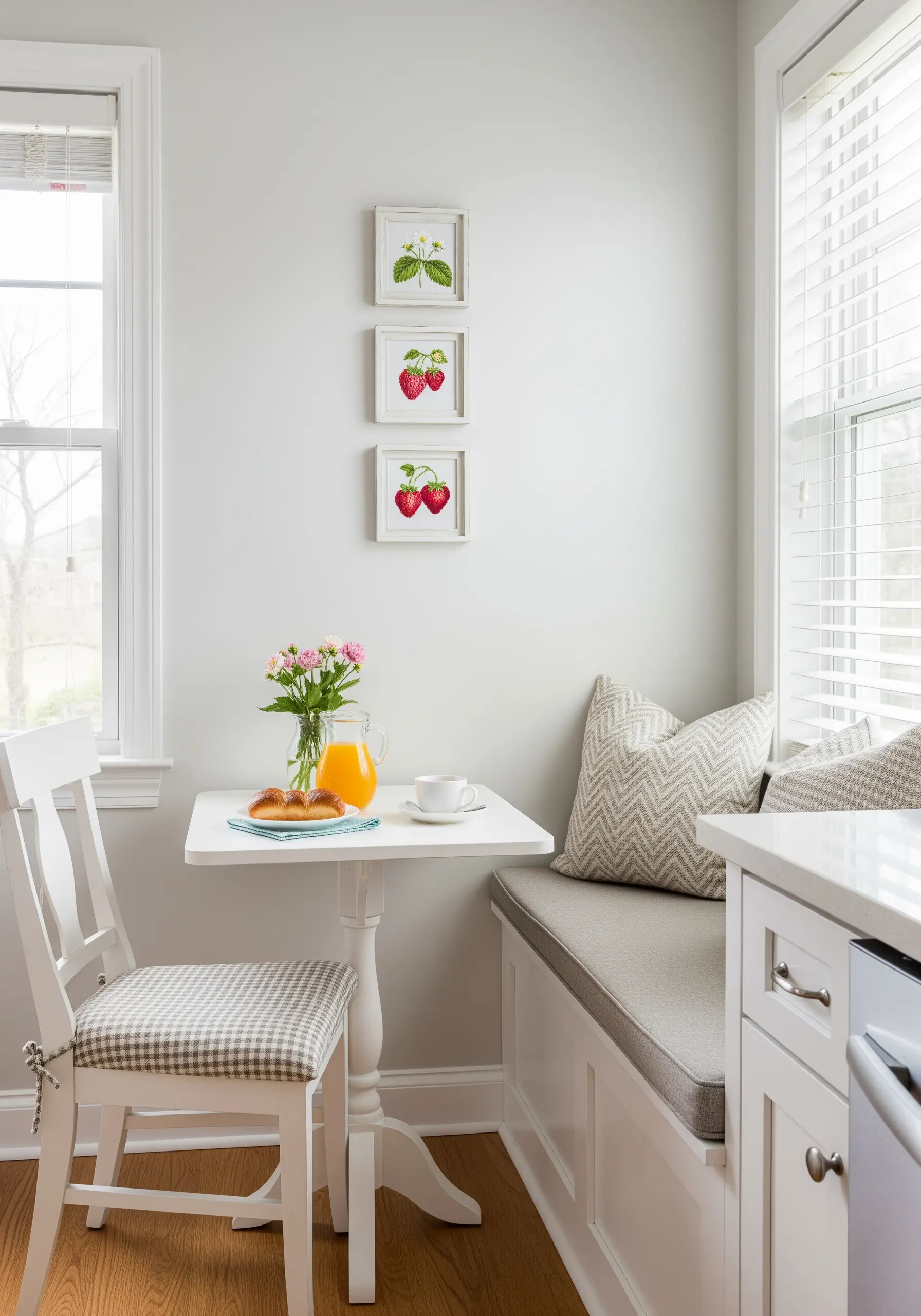 Three small, square-framed embroideries of strawberries stacked vertically on a light gray wall.