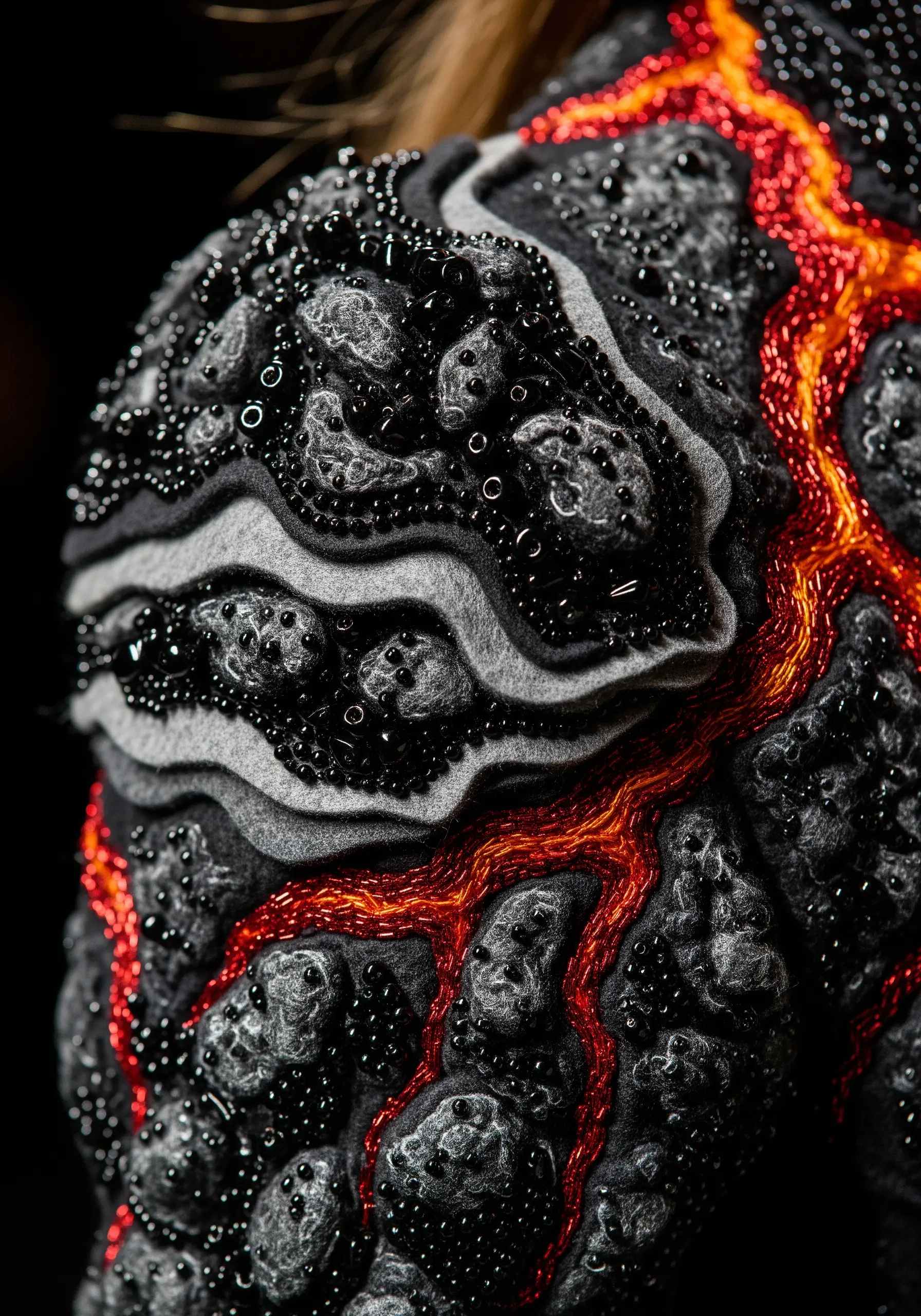 A close-up of a sculptural garment with a texture like volcanic rock, using felt, beads, and thread.