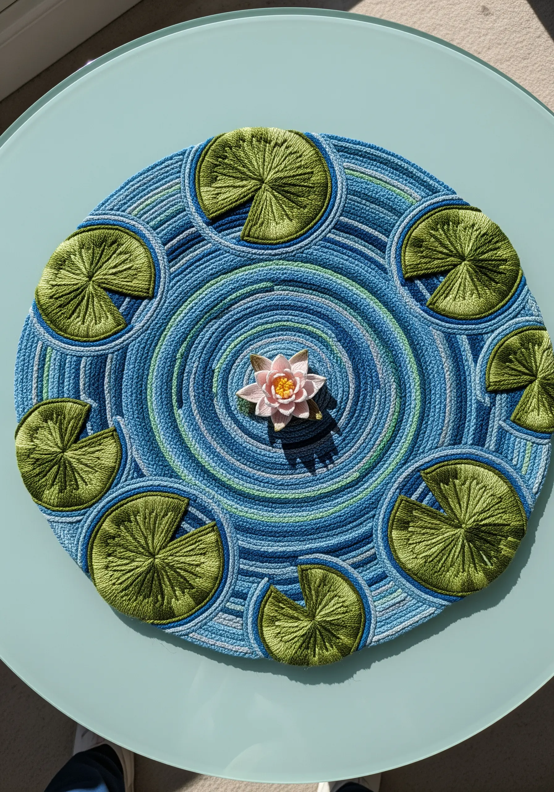 A circular textile piece showing water ripples made from coiled blue and green cord, with embroidered lily pads.