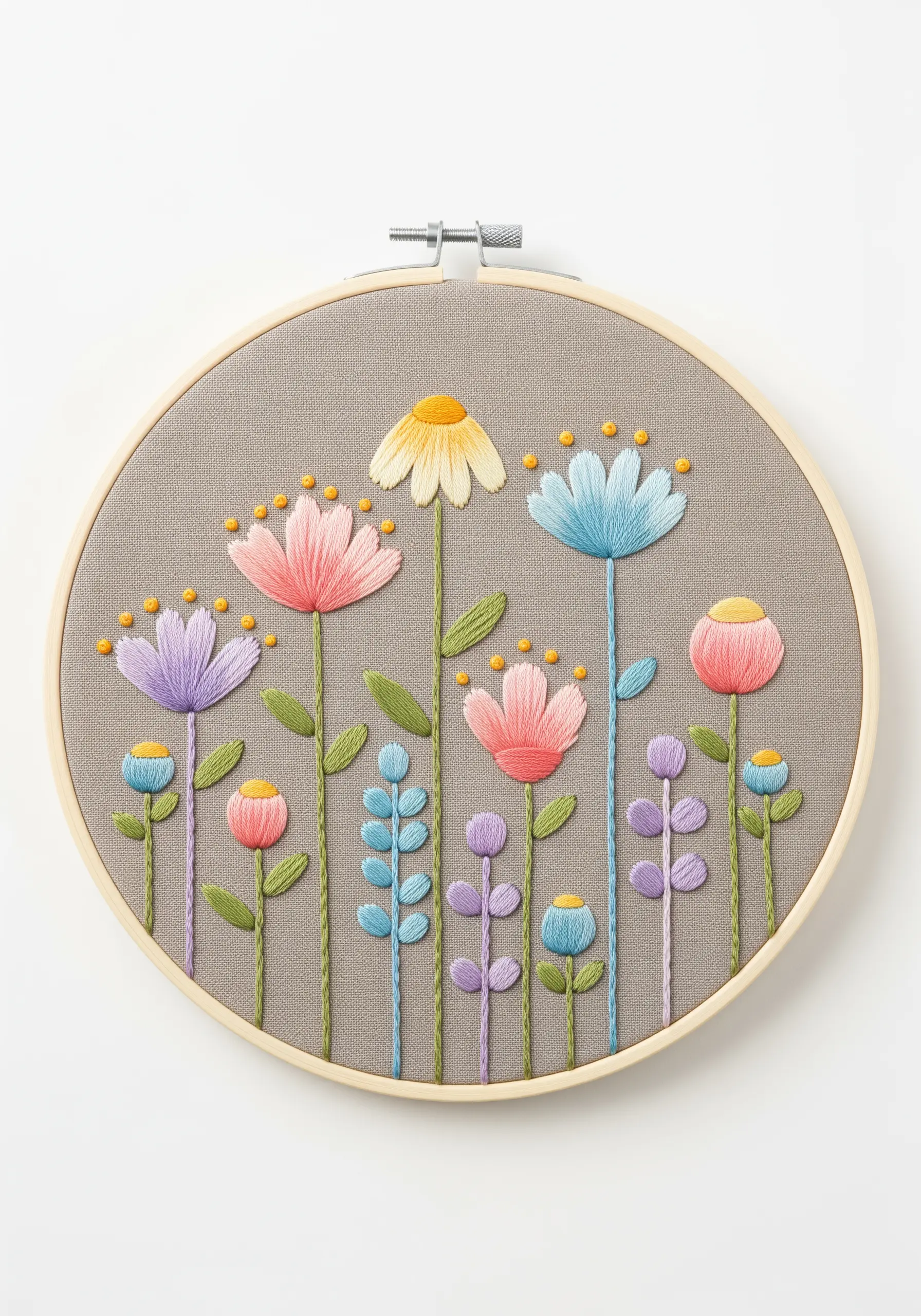 A garden of stylized pastel flowers with raised petals and French knot details.