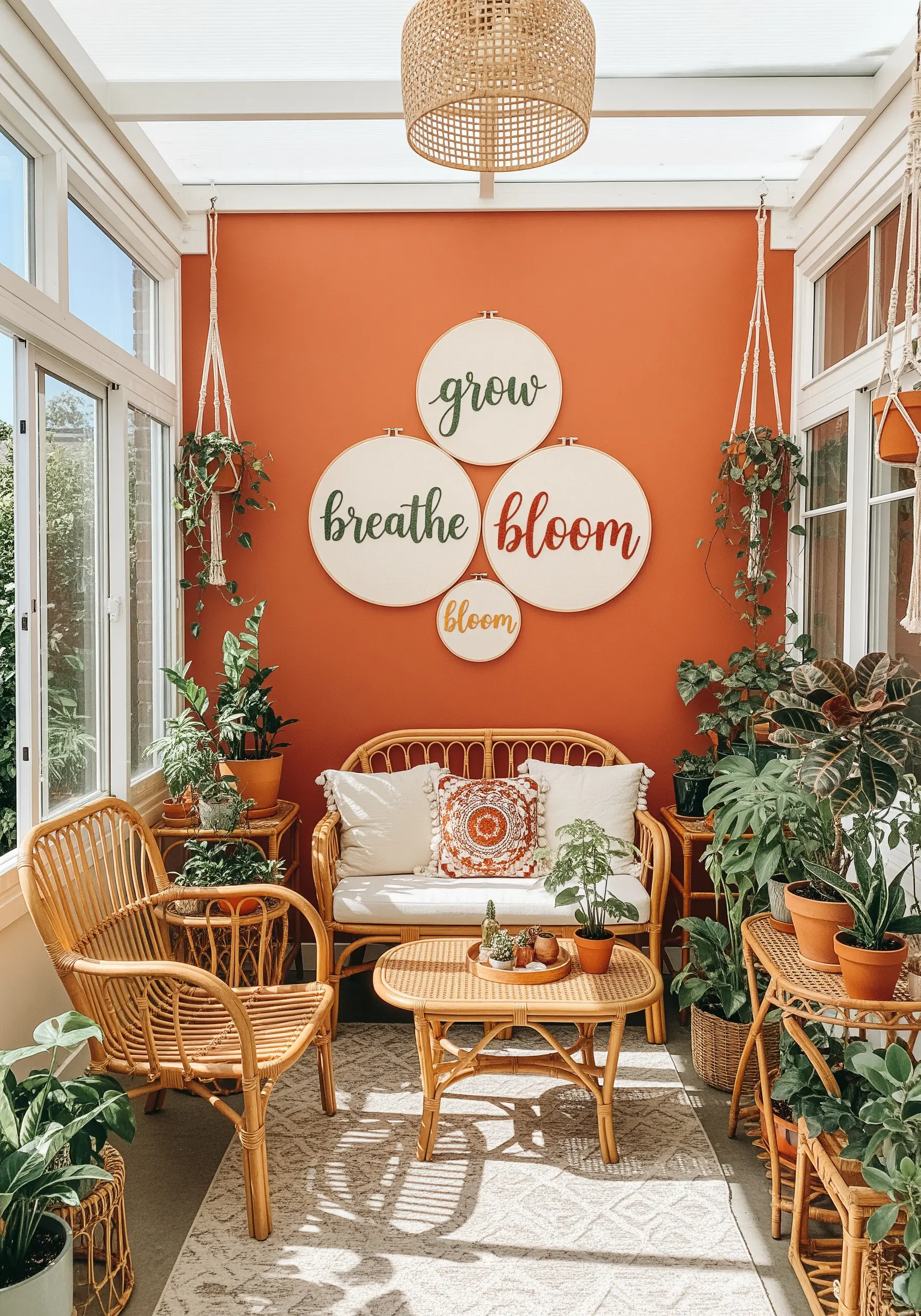 A trio of embroidery hoops with the words 'grow,' 'breathe,' and 'bloom' in script lettering.