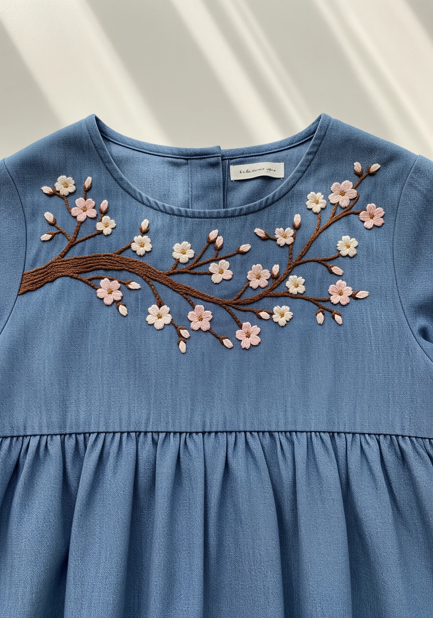 A cherry blossom branch with pink and white flowers embroidered across a blue dress neckline.