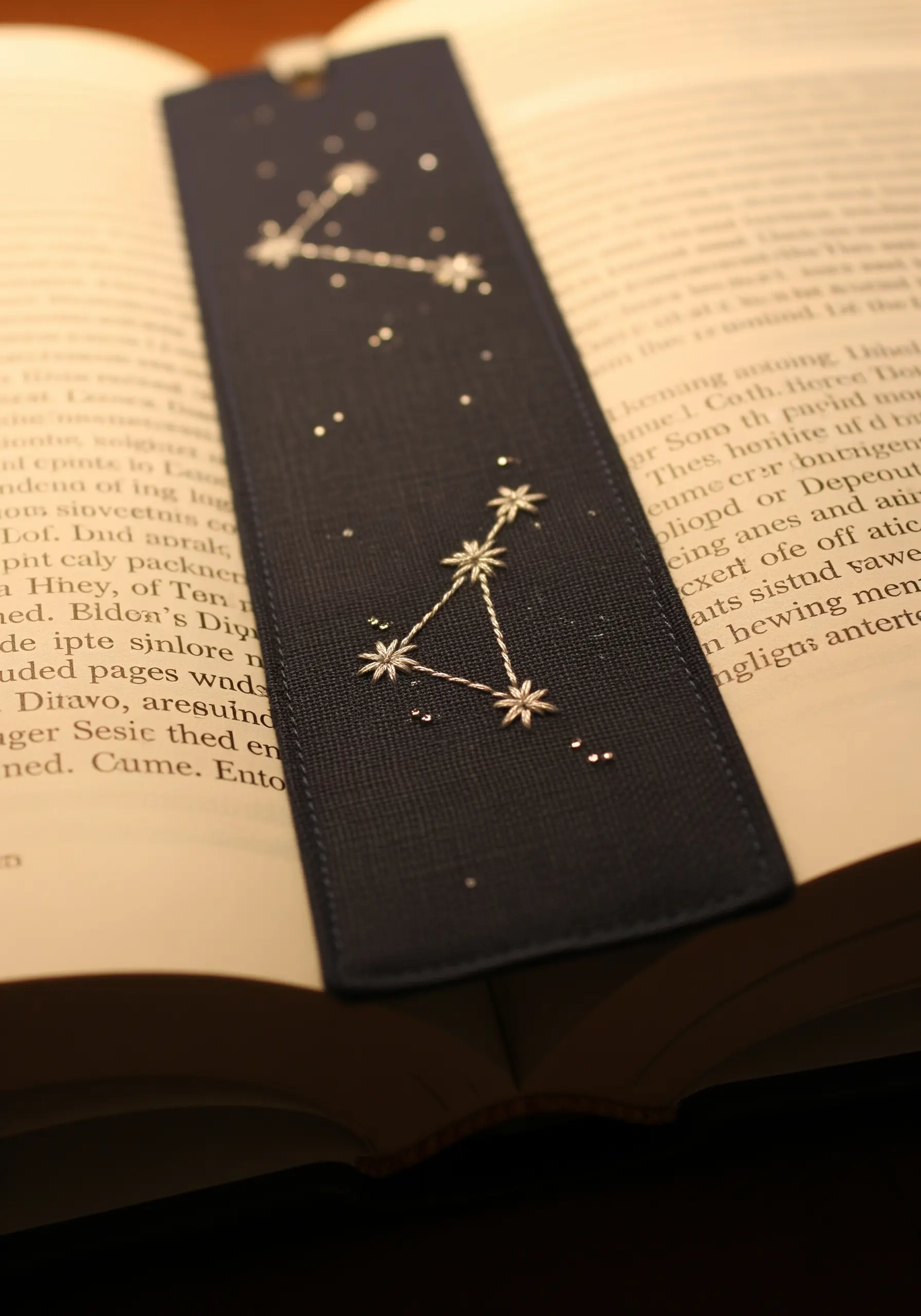 An embroidered bookmark with silver thread constellations on a dark blue background.