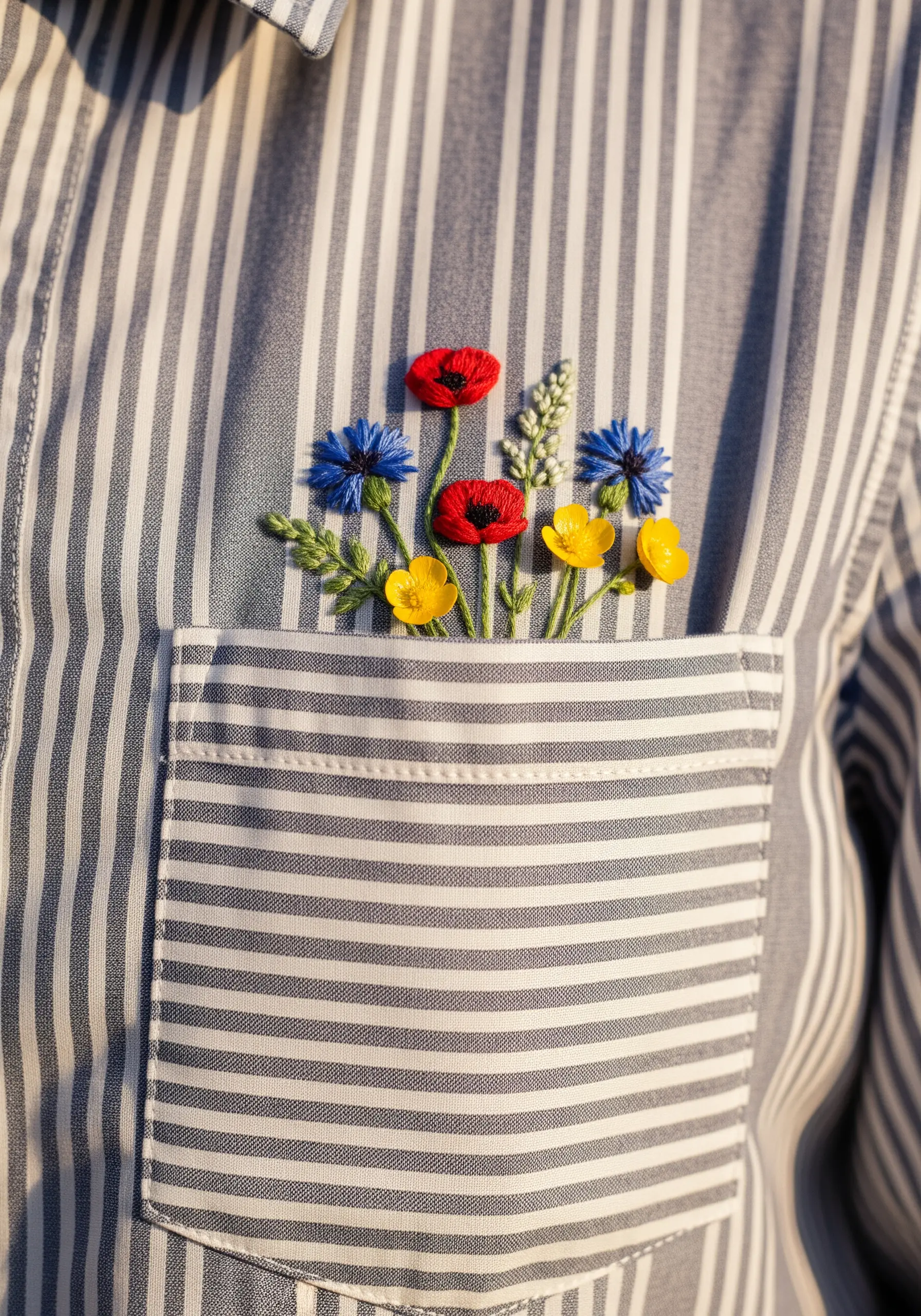 A colorful bouquet of embroidered wildflowers peeking out of a striped shirt pocket.