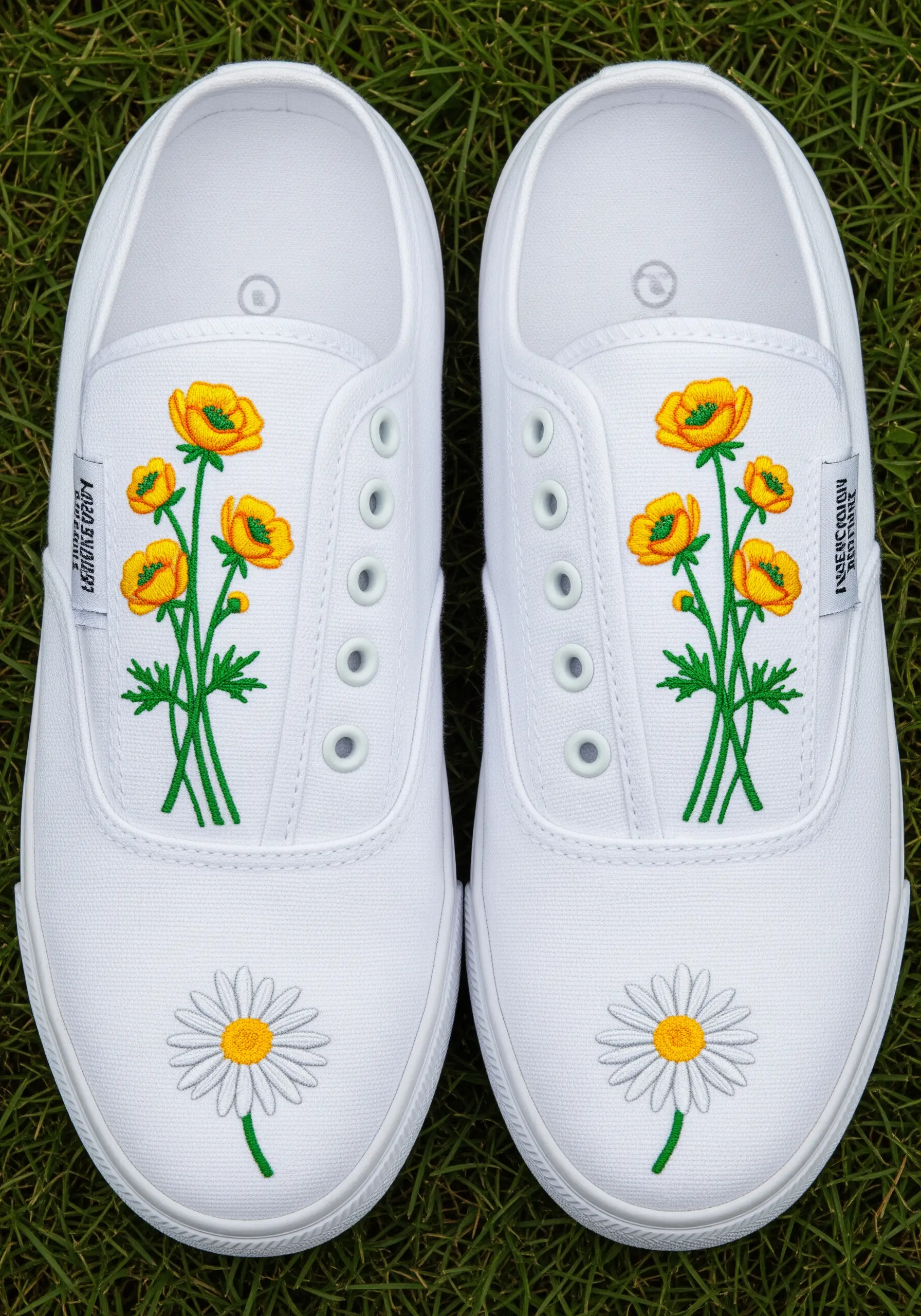 Embroidered buttercups and daisies on the tongue and toe of white canvas sneakers.