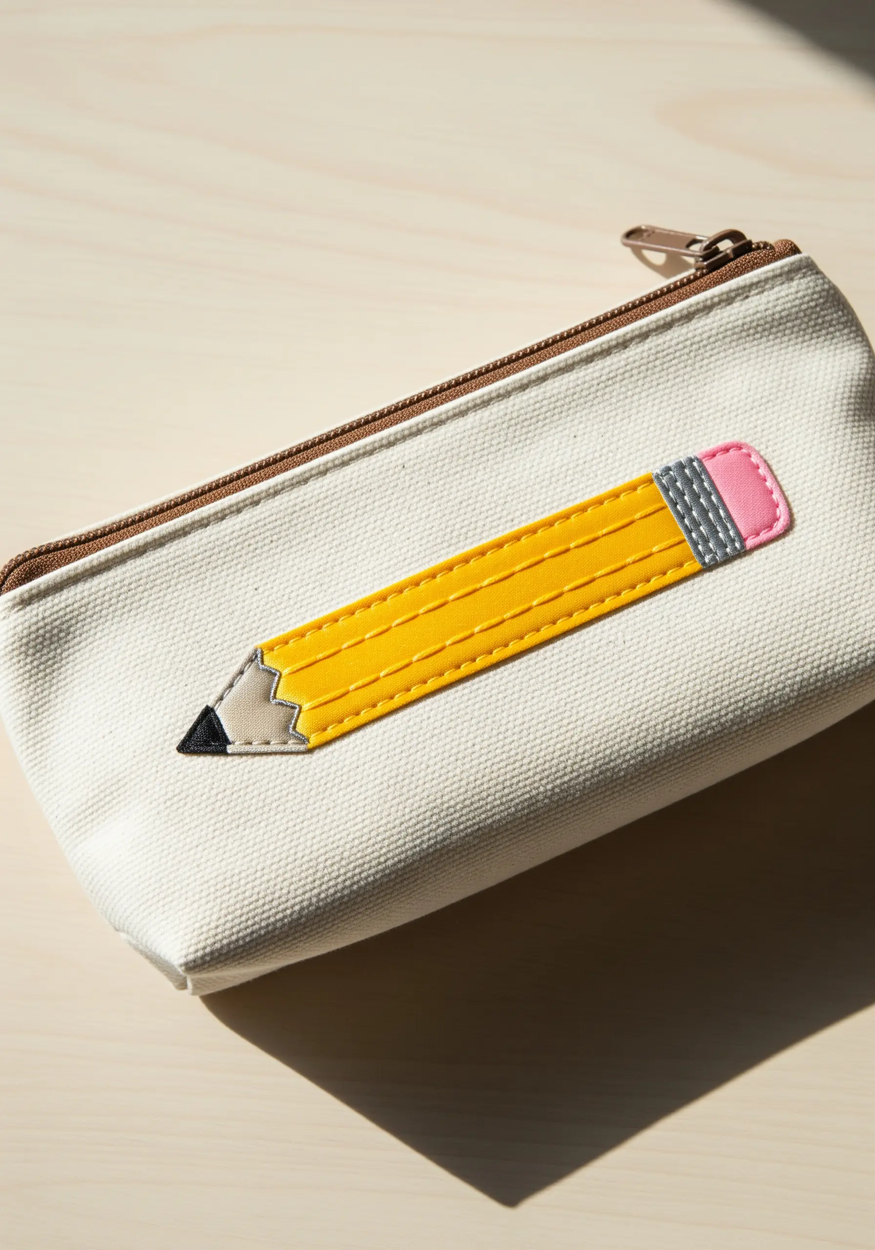 A color-blocked embroidered pencil with satin stitch on a canvas pencil case.