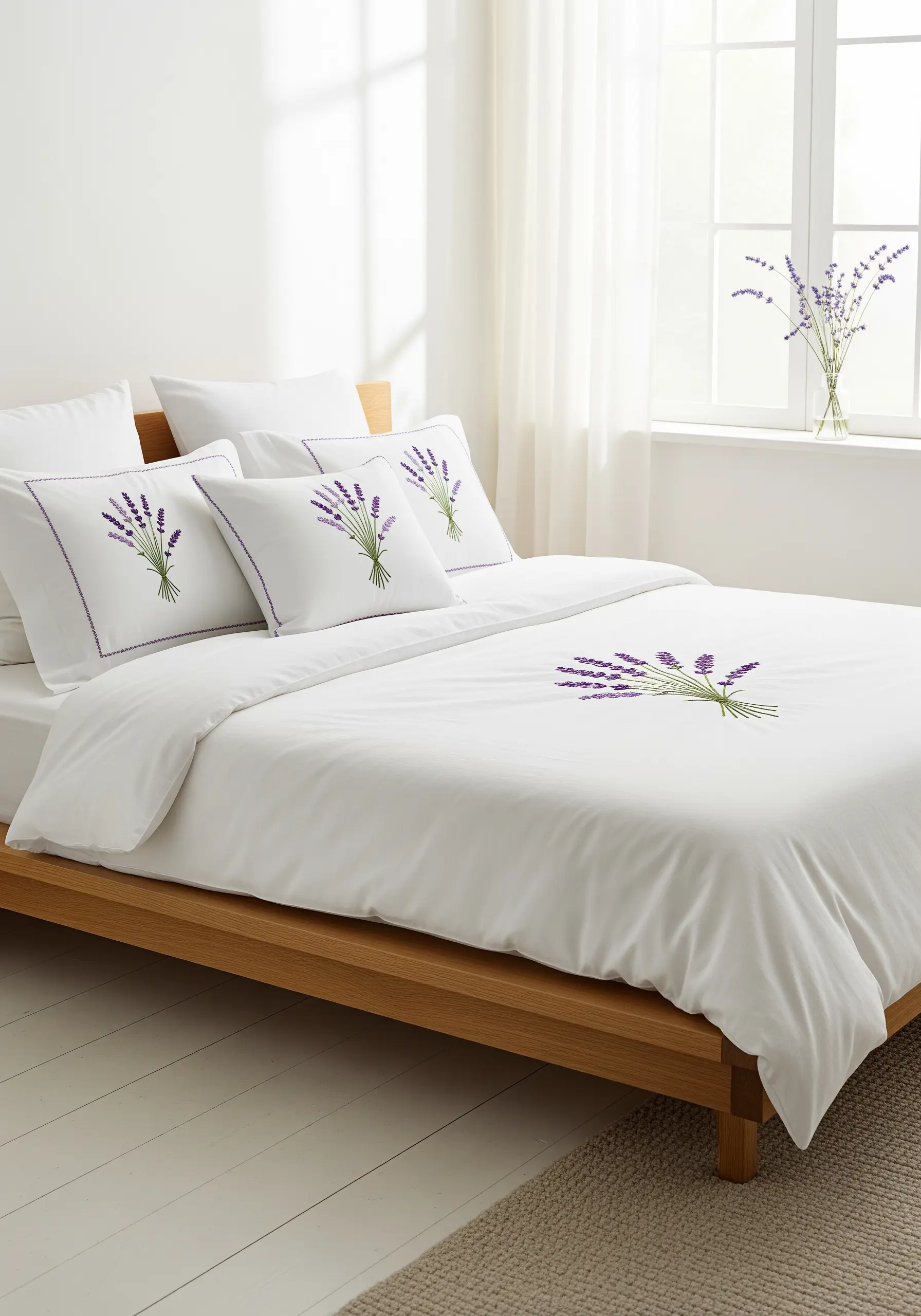 Lavender bouquets embroidered on crisp white bedding and pillows in a bright bedroom.