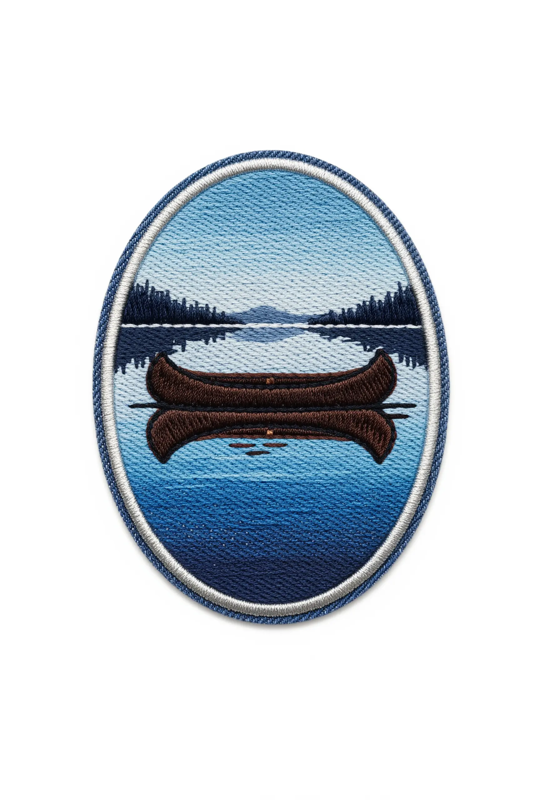 Embroidered patch of a canoe on a lake with a perfect water reflection.