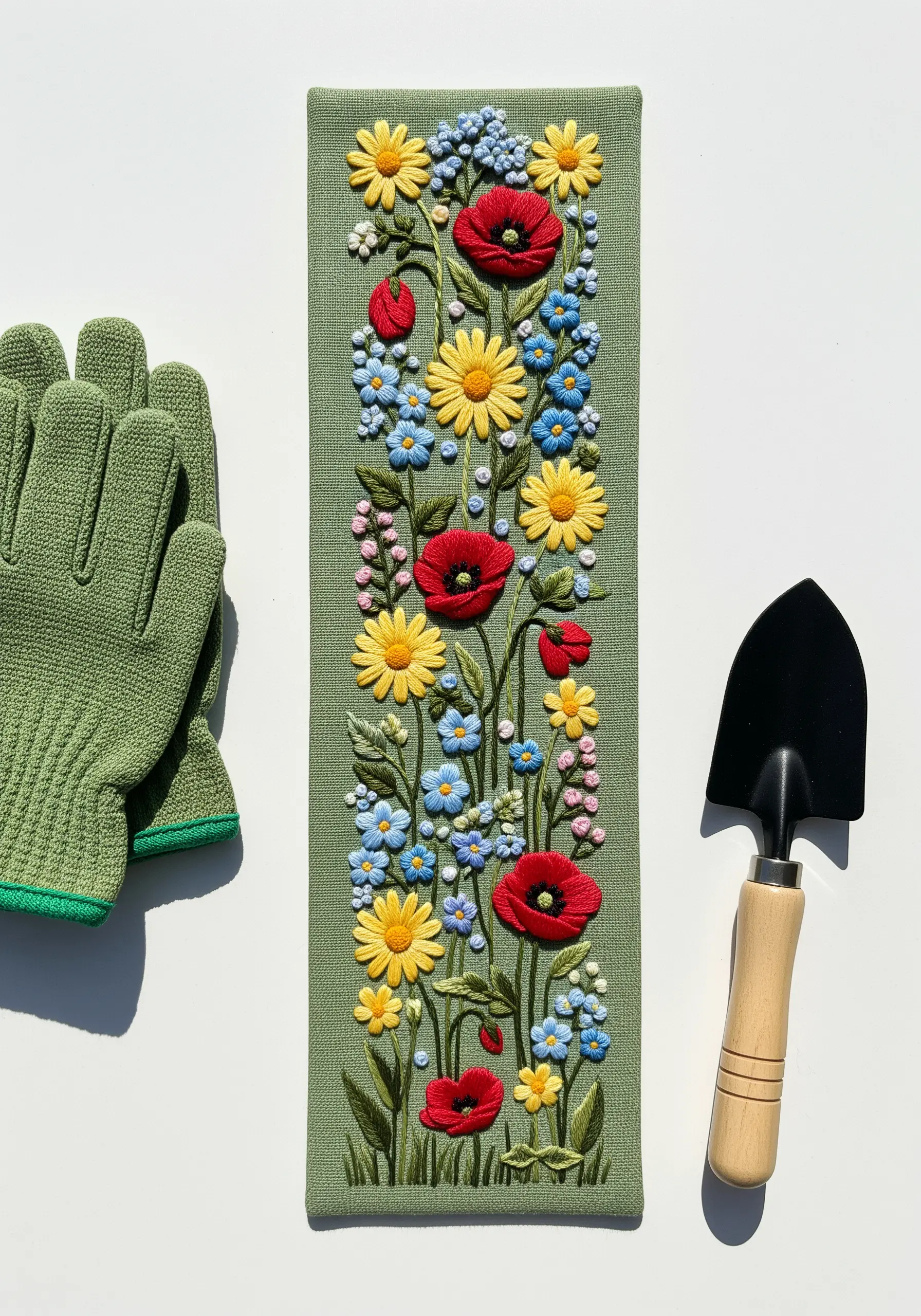 Dense, textural wildflower embroidery on a green bookmark with red poppies and yellow daisies.