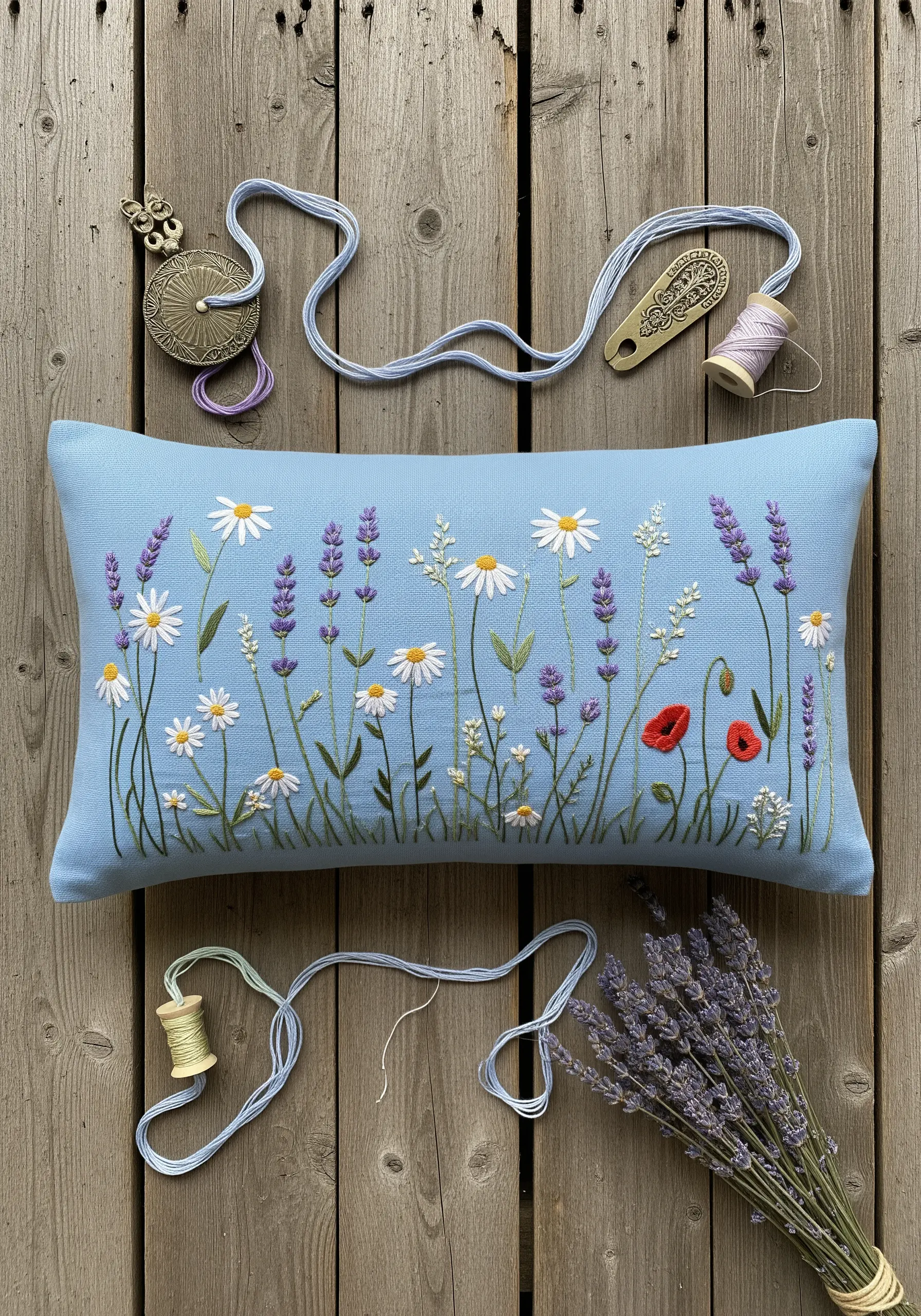 A wildflower meadow with lavender, daisies, and poppies embroidered on a light blue cushion.