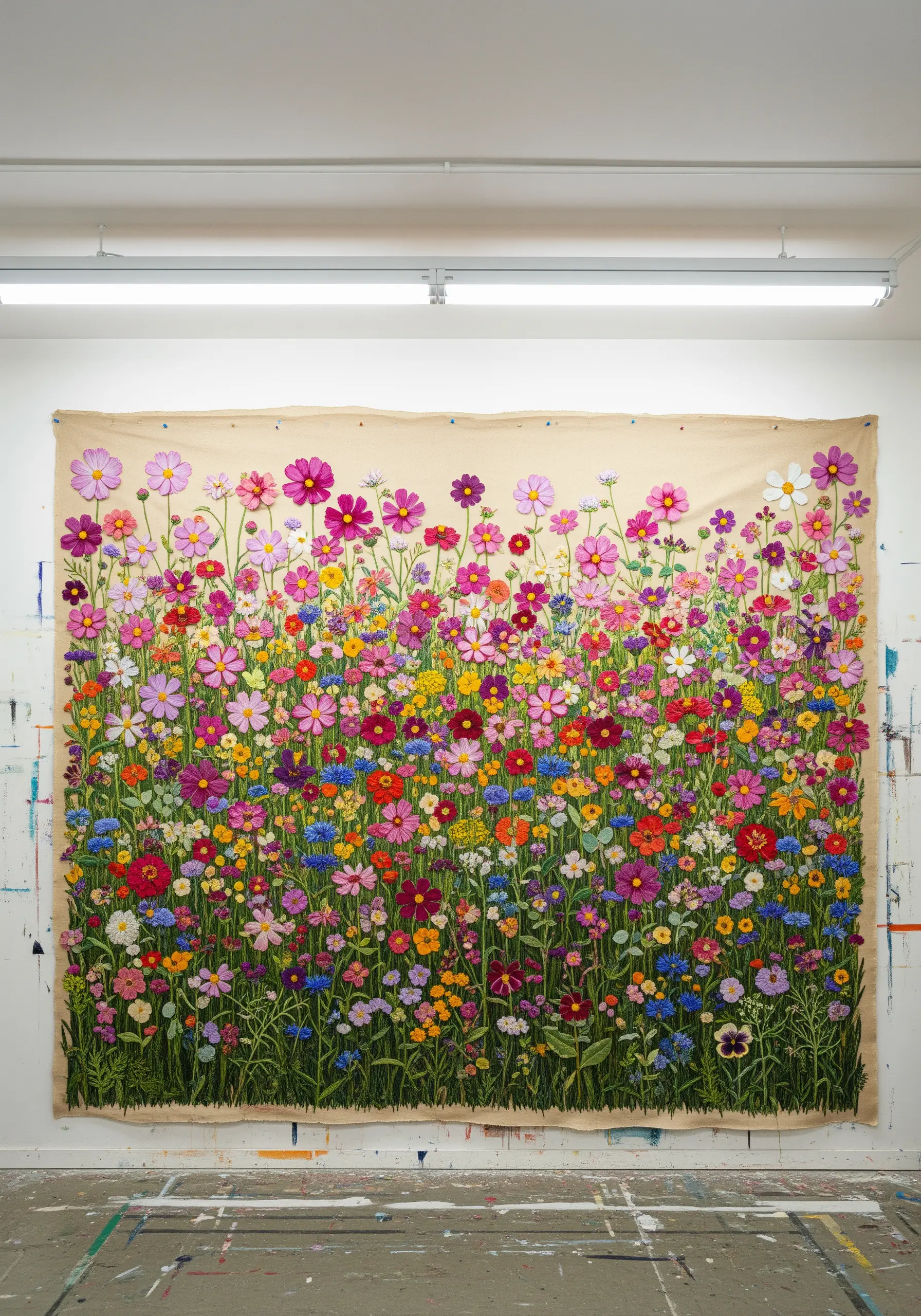 A massive, colorful tapestry completely filled with a dense variety of embroidered wildflowers.