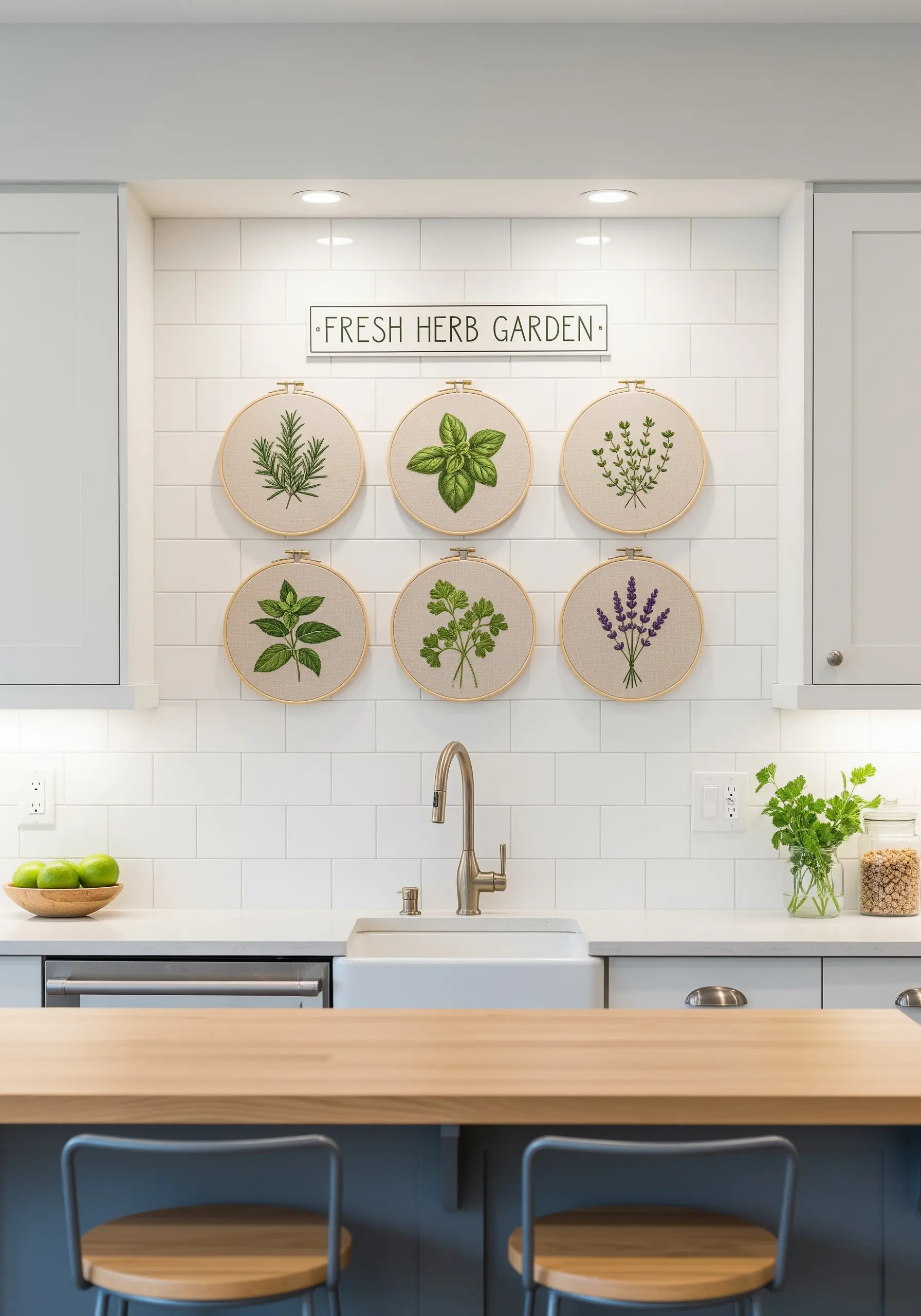 A grid of six embroidered hoops featuring minimalist green herbs on neutral fabric in a kitchen.