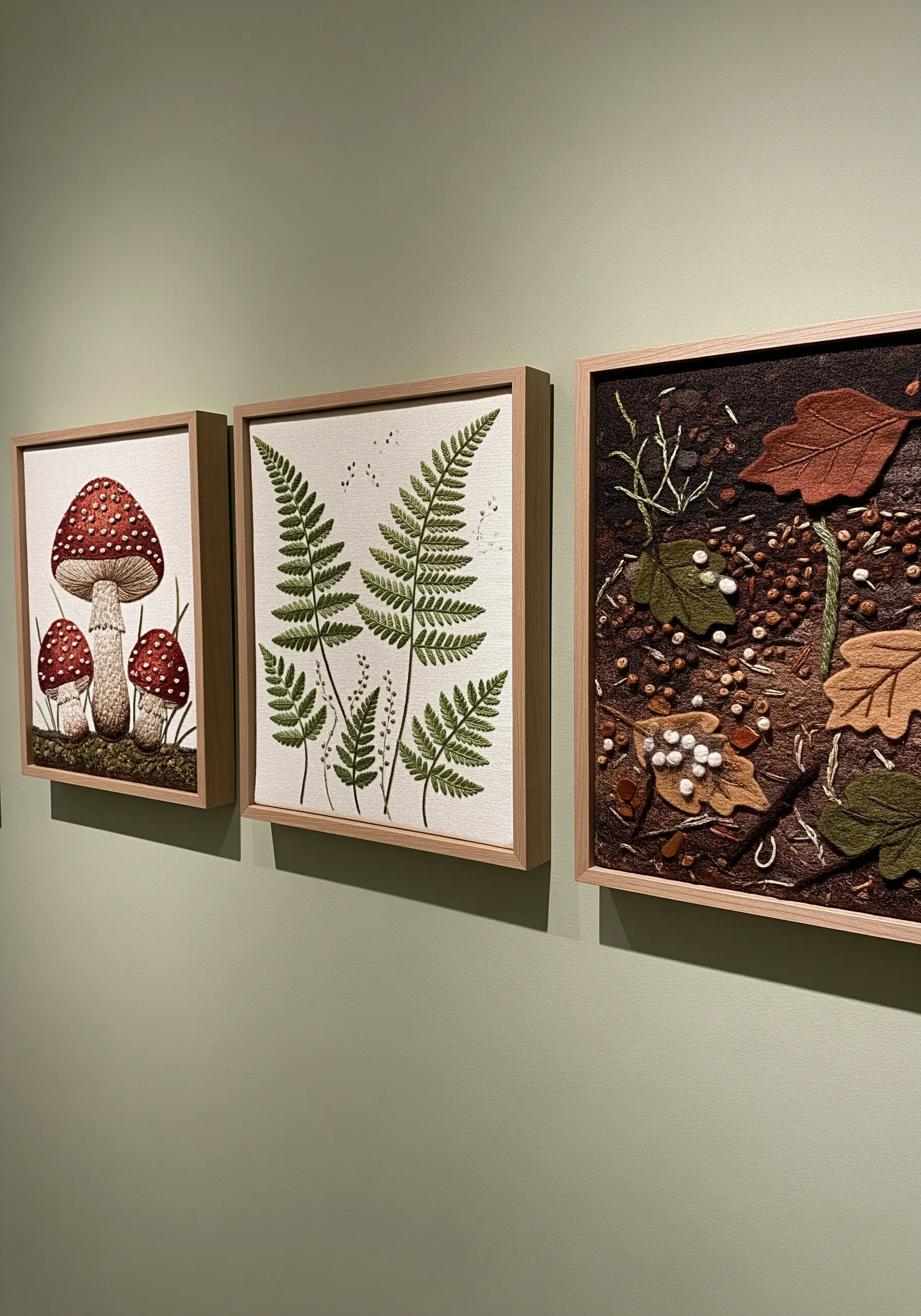 A triptych of framed botanical embroideries: mushrooms, a fern, and fallen leaves.