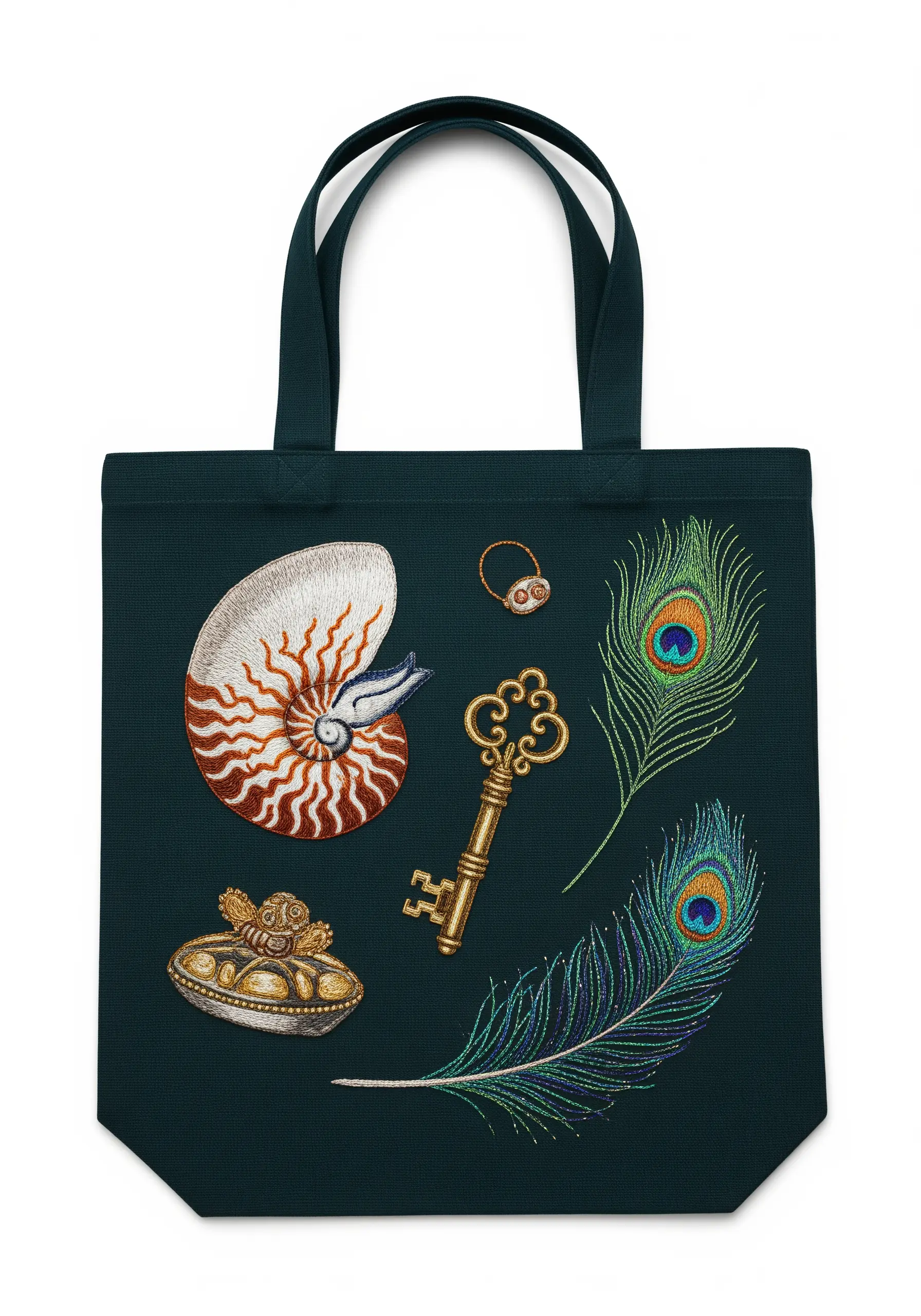 A collection of embroidered curiosities like feathers, a shell, and a key on a dark tote