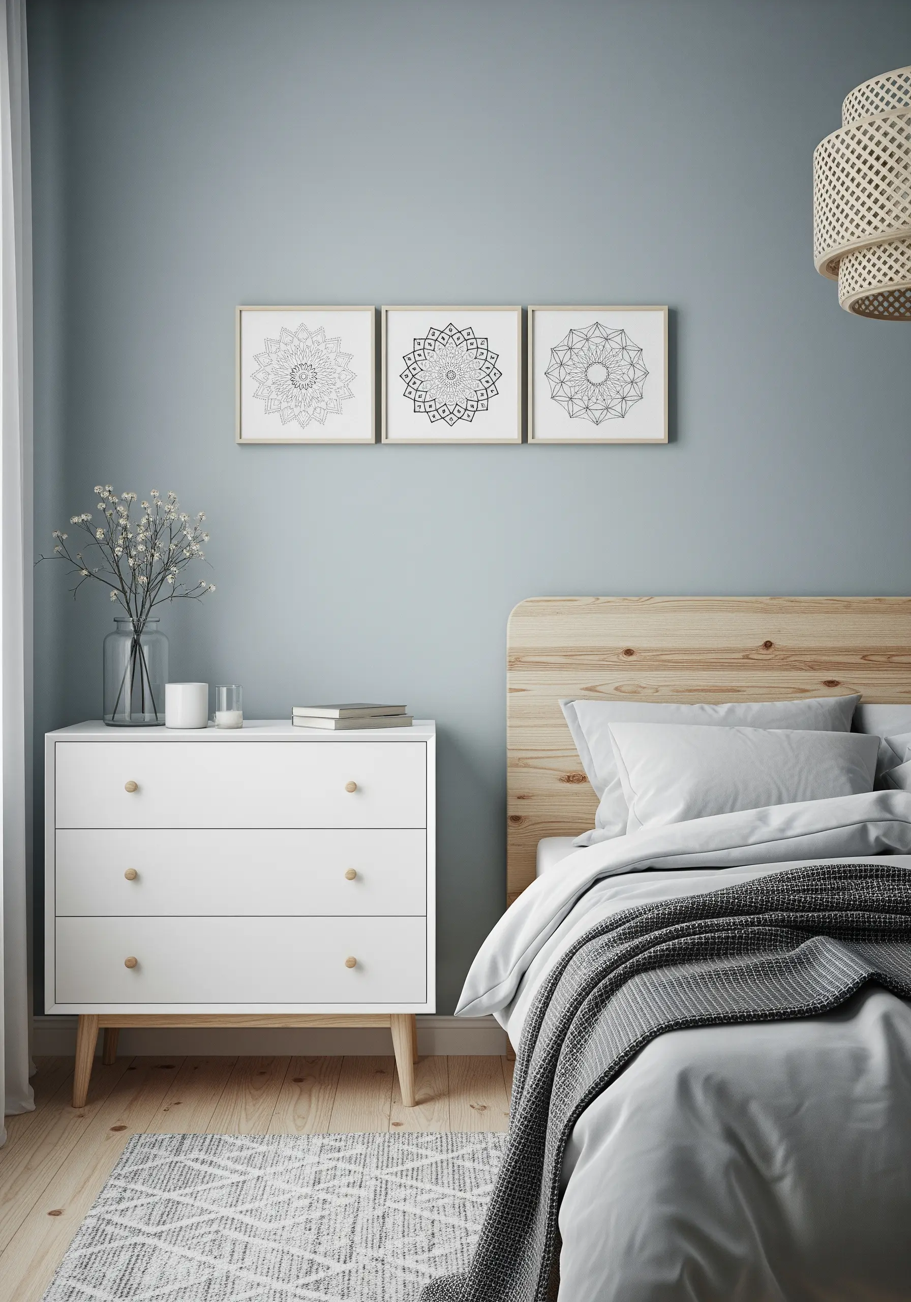 A set of three framed mandalas with simple black line work hanging above a dresser.