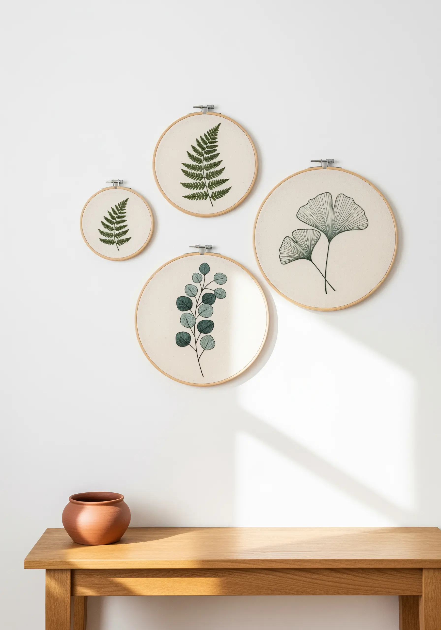 A collection of four embroidery hoops on a white wall, each with a minimal green leaf design.