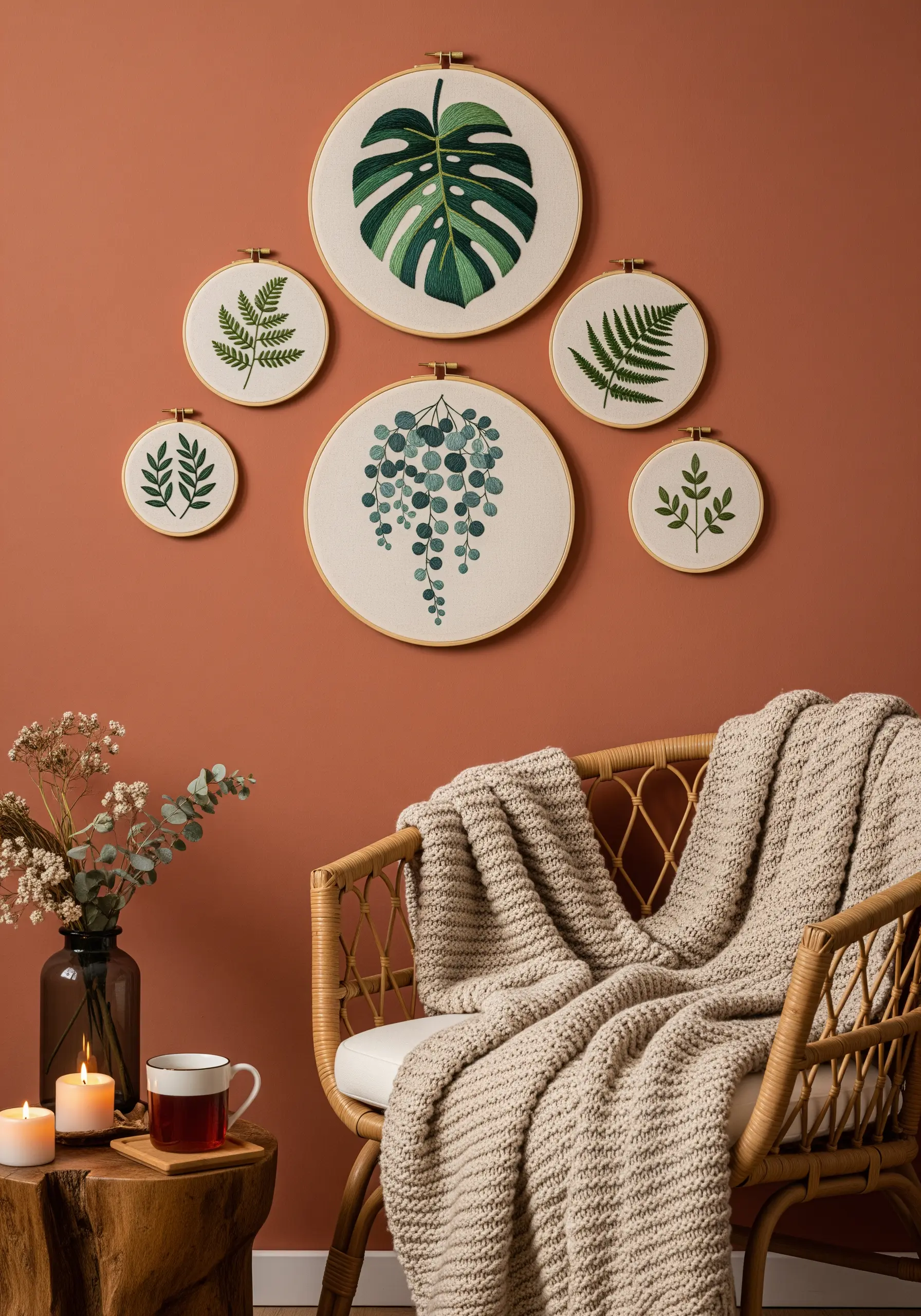 A gallery wall of five embroidery hoops with different green botanical leaf designs.