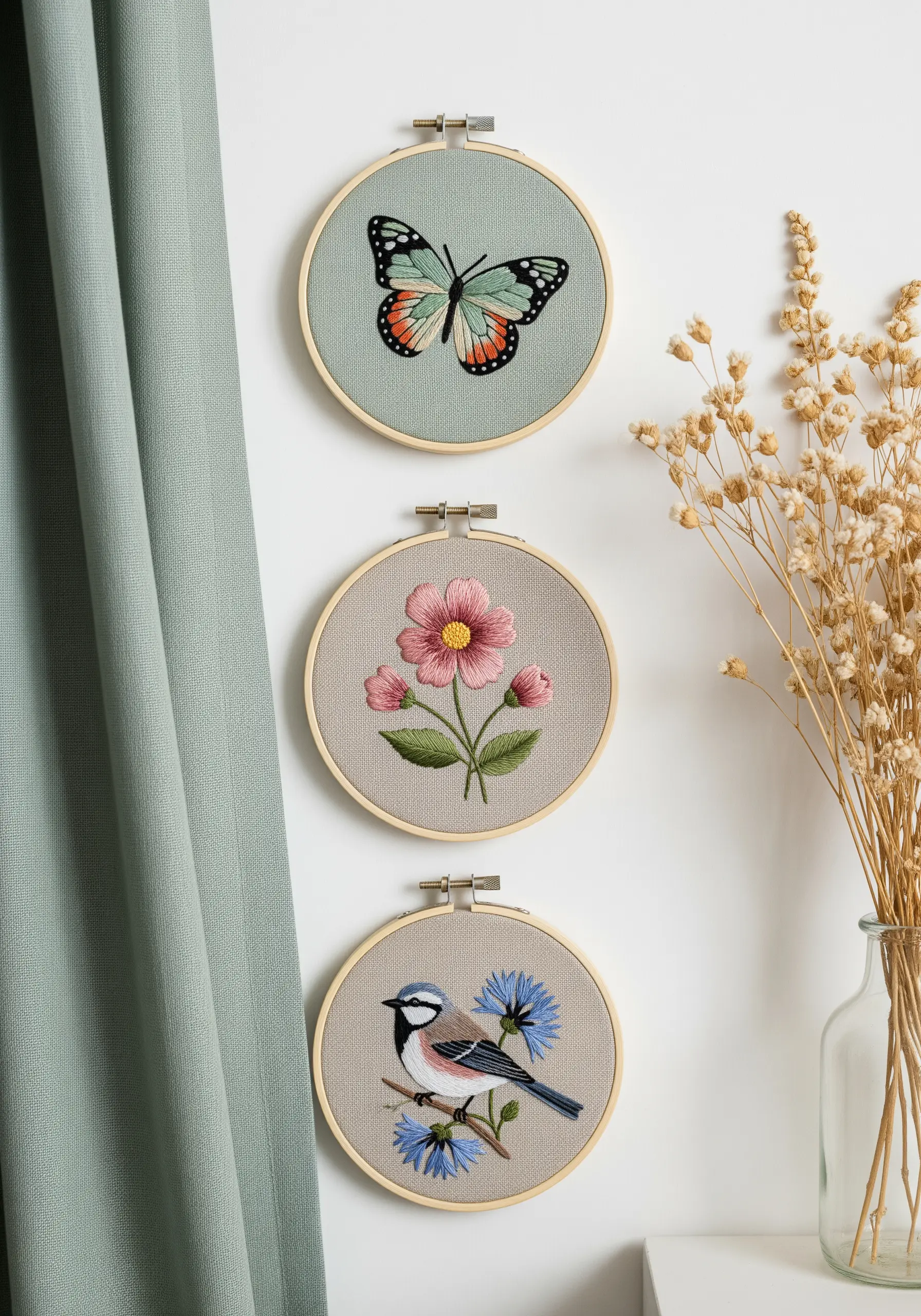 A gallery wall with three embroidery hoops: a butterfly, a flower, and a bird.