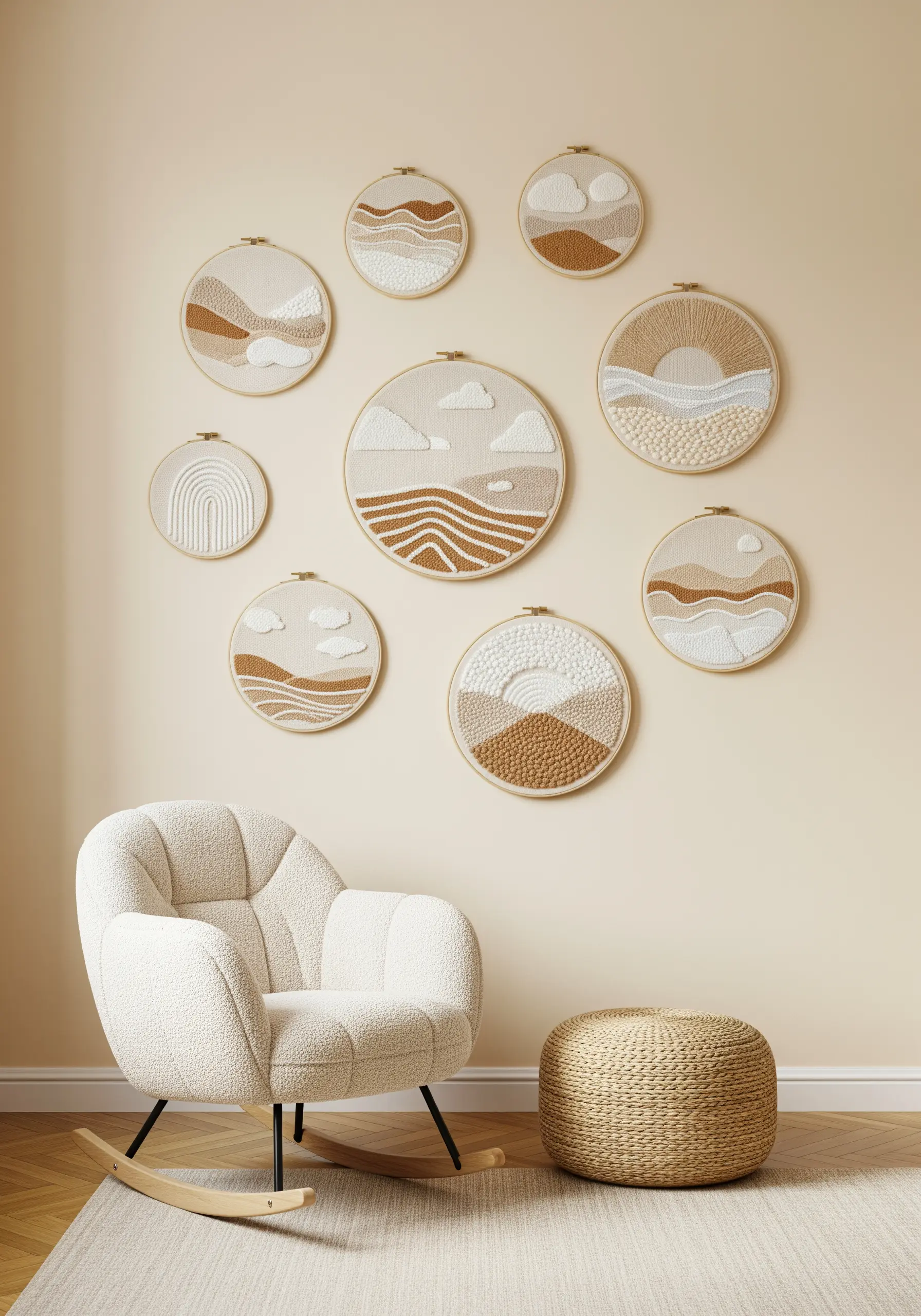 A gallery wall of nine embroidery hoops depicting abstract neutral-toned landscapes
