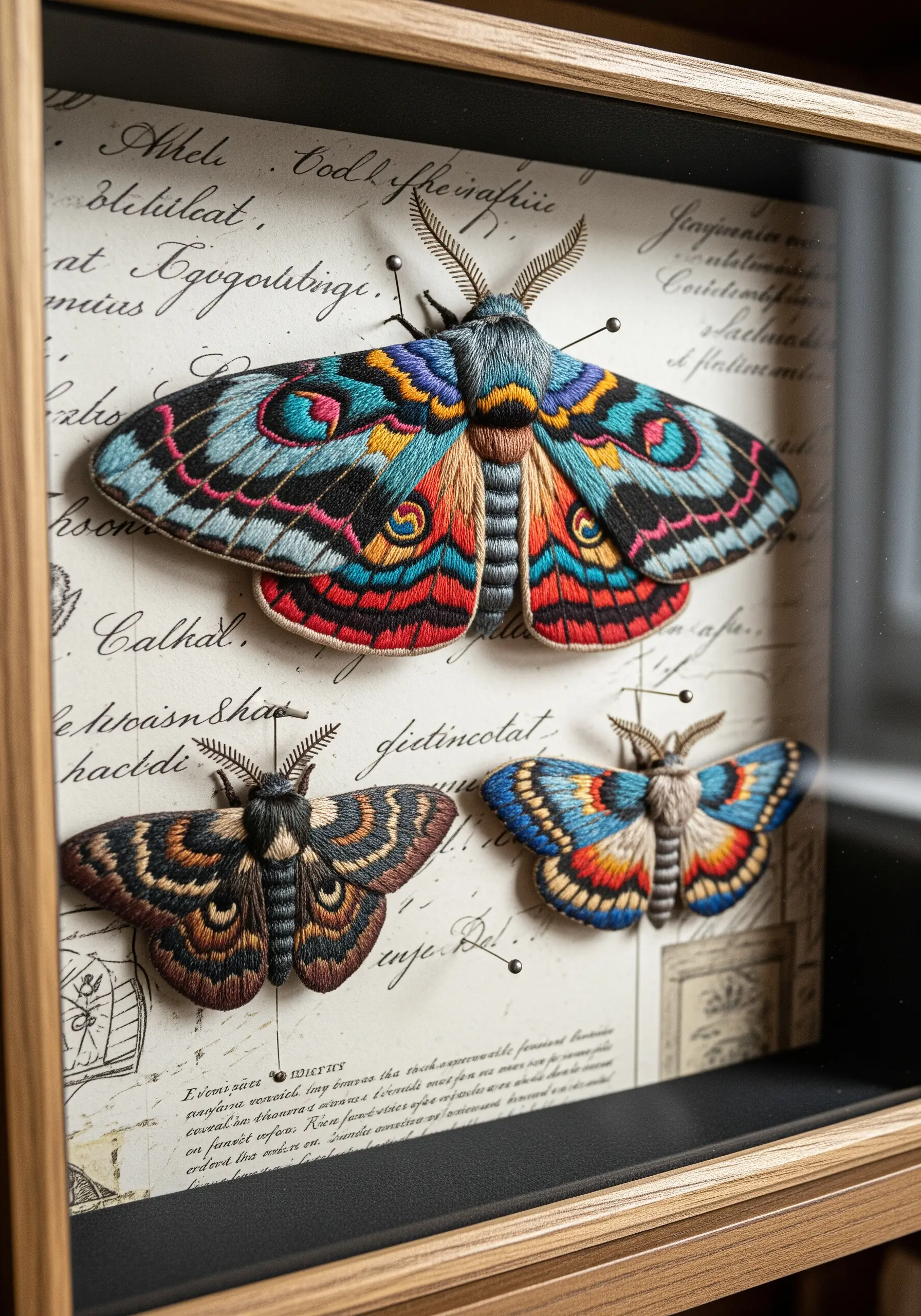 Three intricately thread-painted moths mounted with pins in a shadow box like a specimen collection.