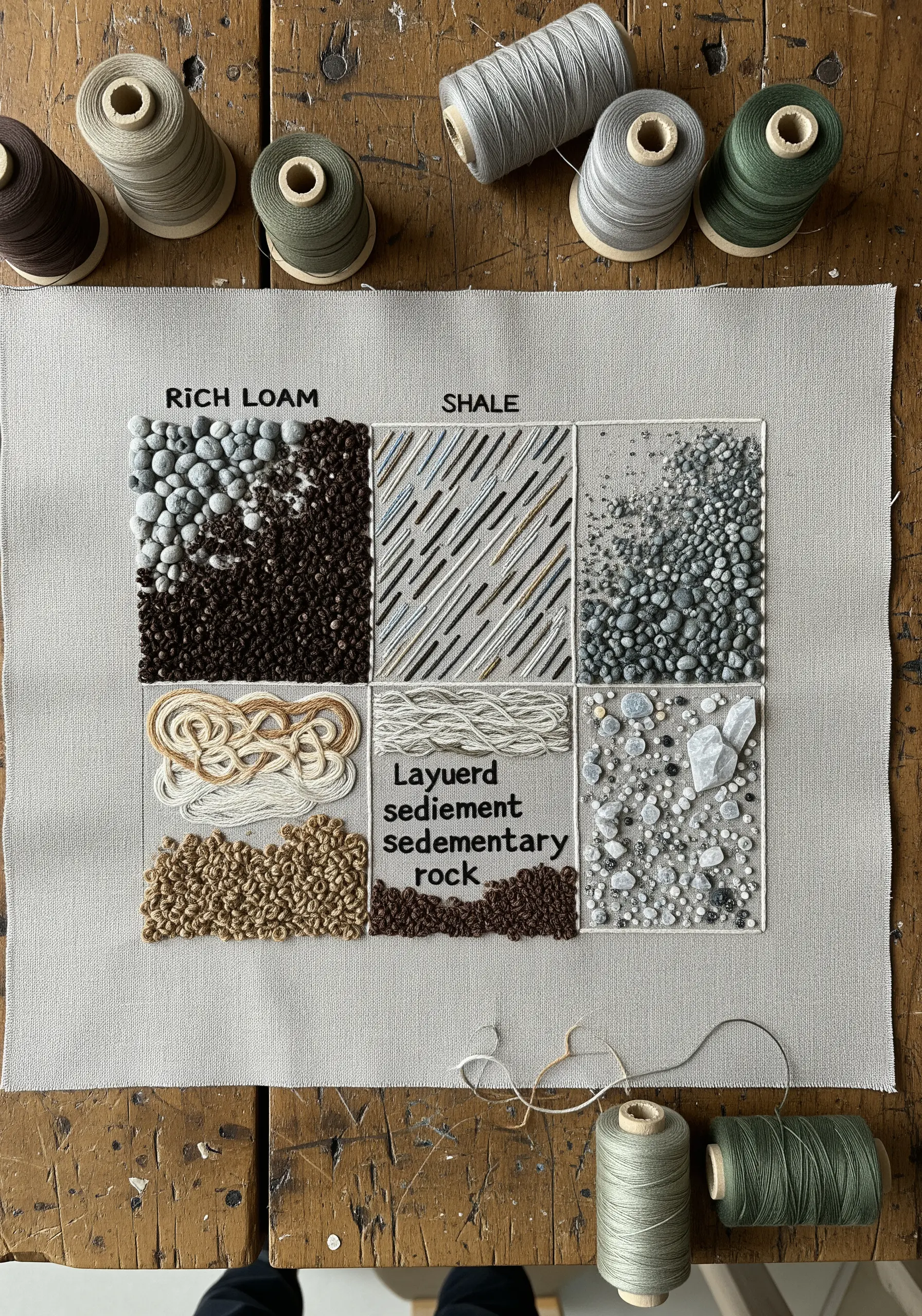 An embroidery sampler showcasing different geological textures with stitches, beads, and labels.