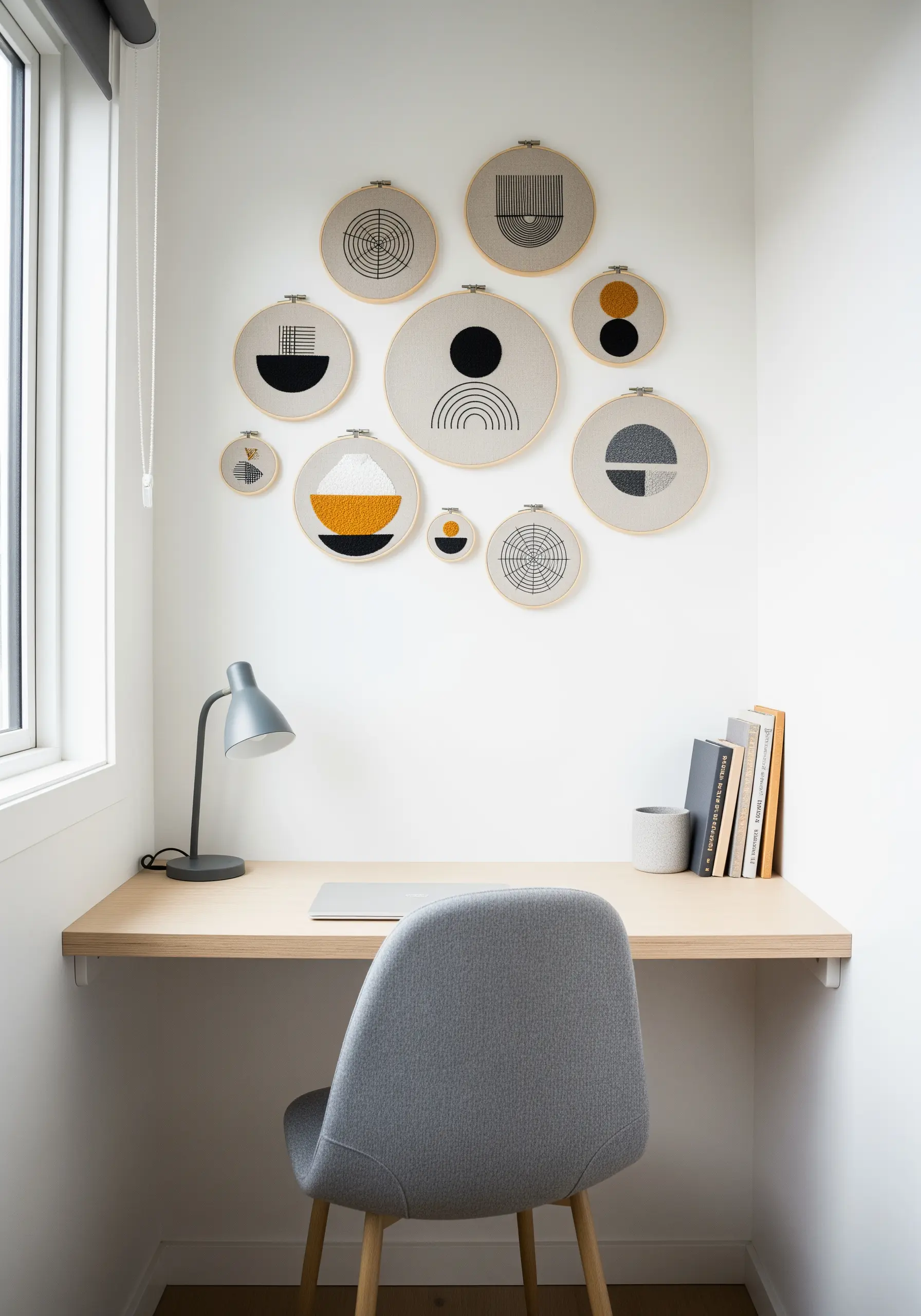 A collection of ten abstract geometric embroidery hoops arranged on a wall above a desk.