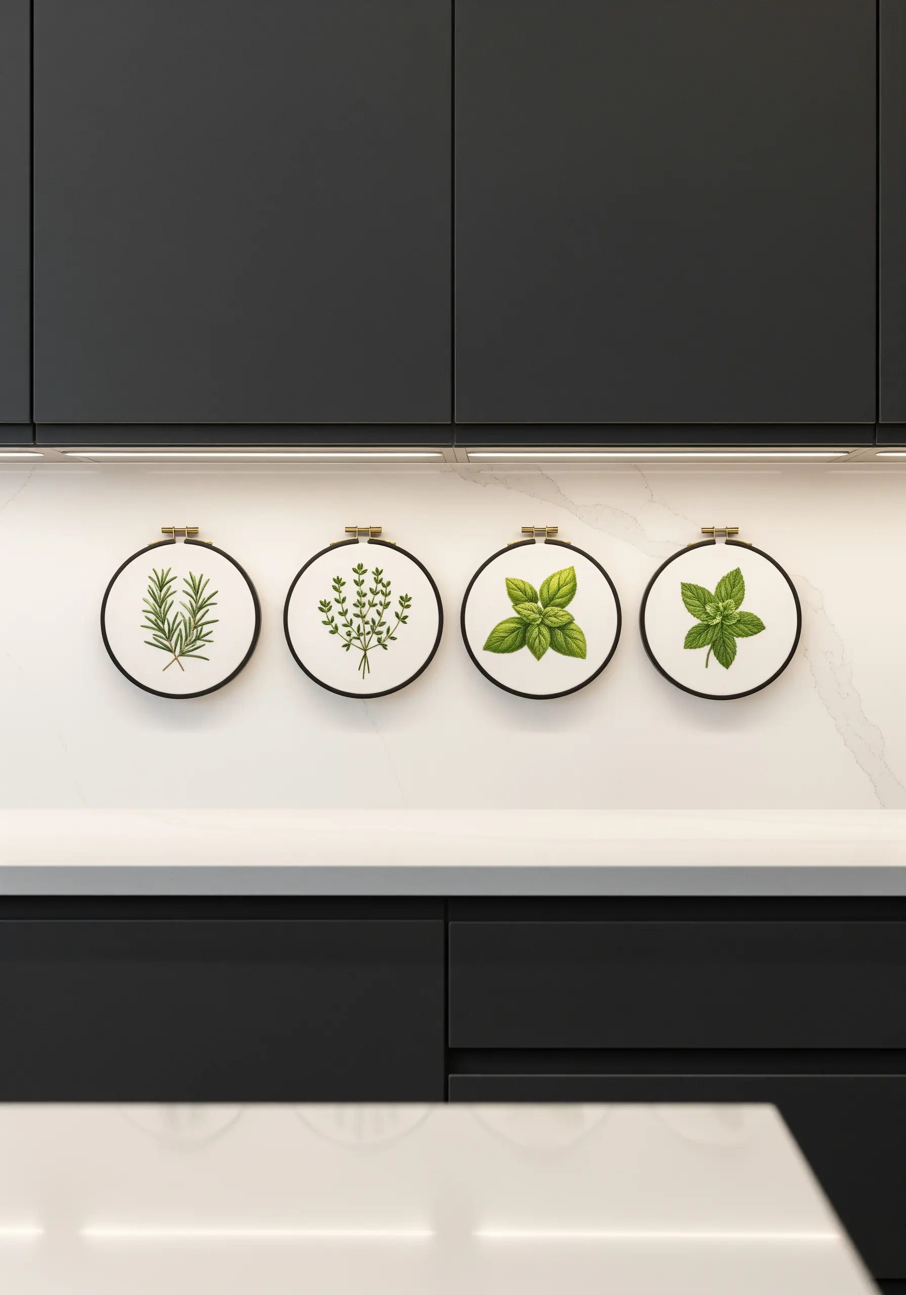 Four small embroidery hoops with detailed herb designs—rosemary, thyme, basil, mint.