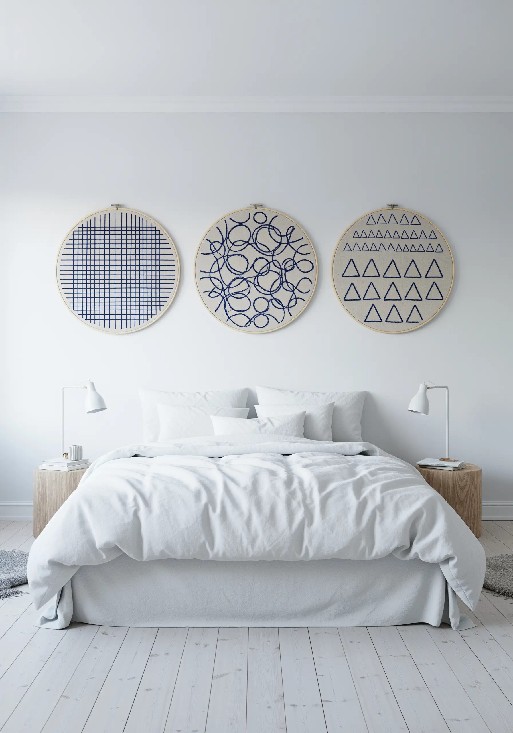 Three minimalist embroidery hoops with blue abstract geometric patterns hanging above a white bed.