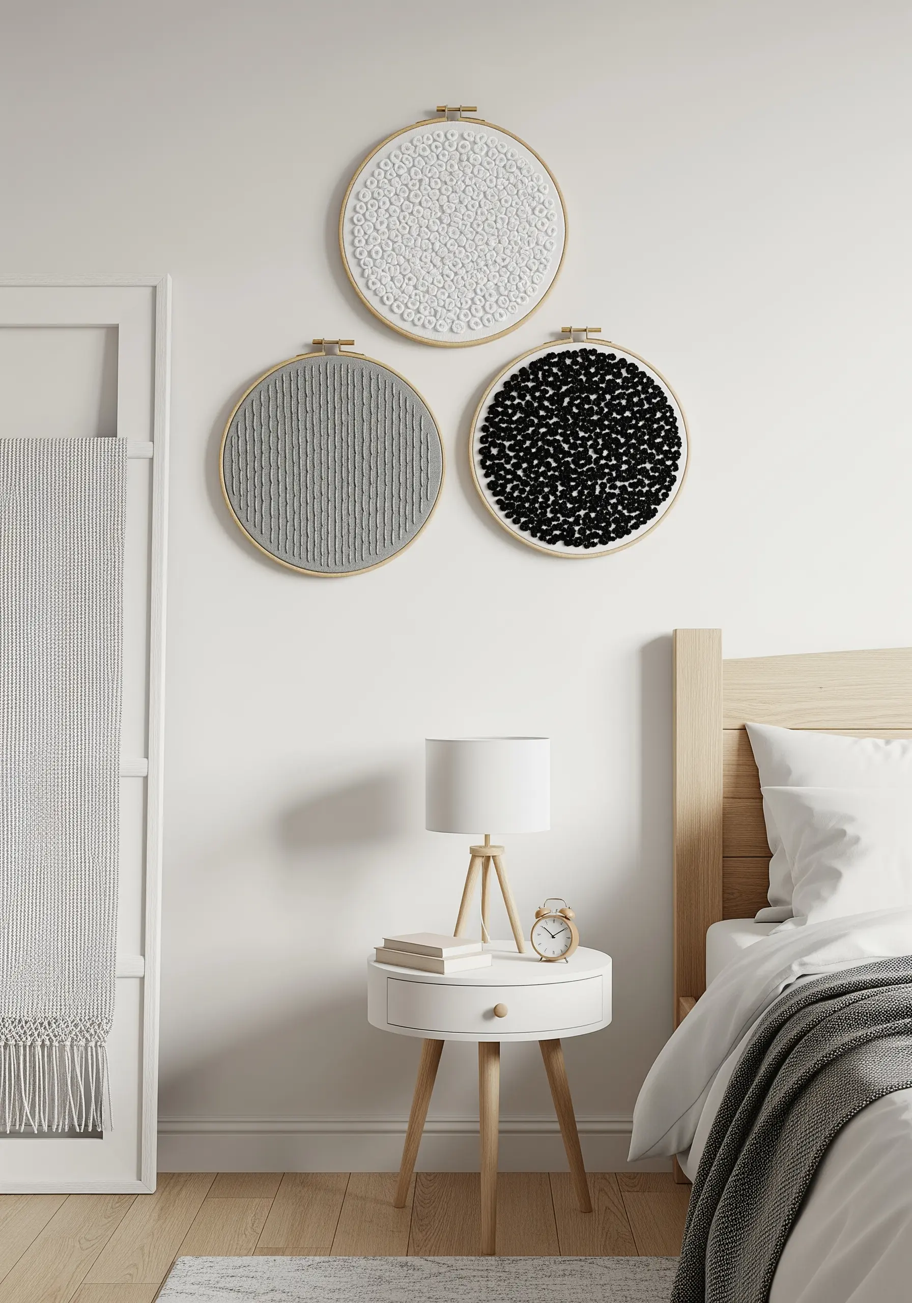 A trio of monochrome embroidery hoops with different textures: knots, lines, and loops.