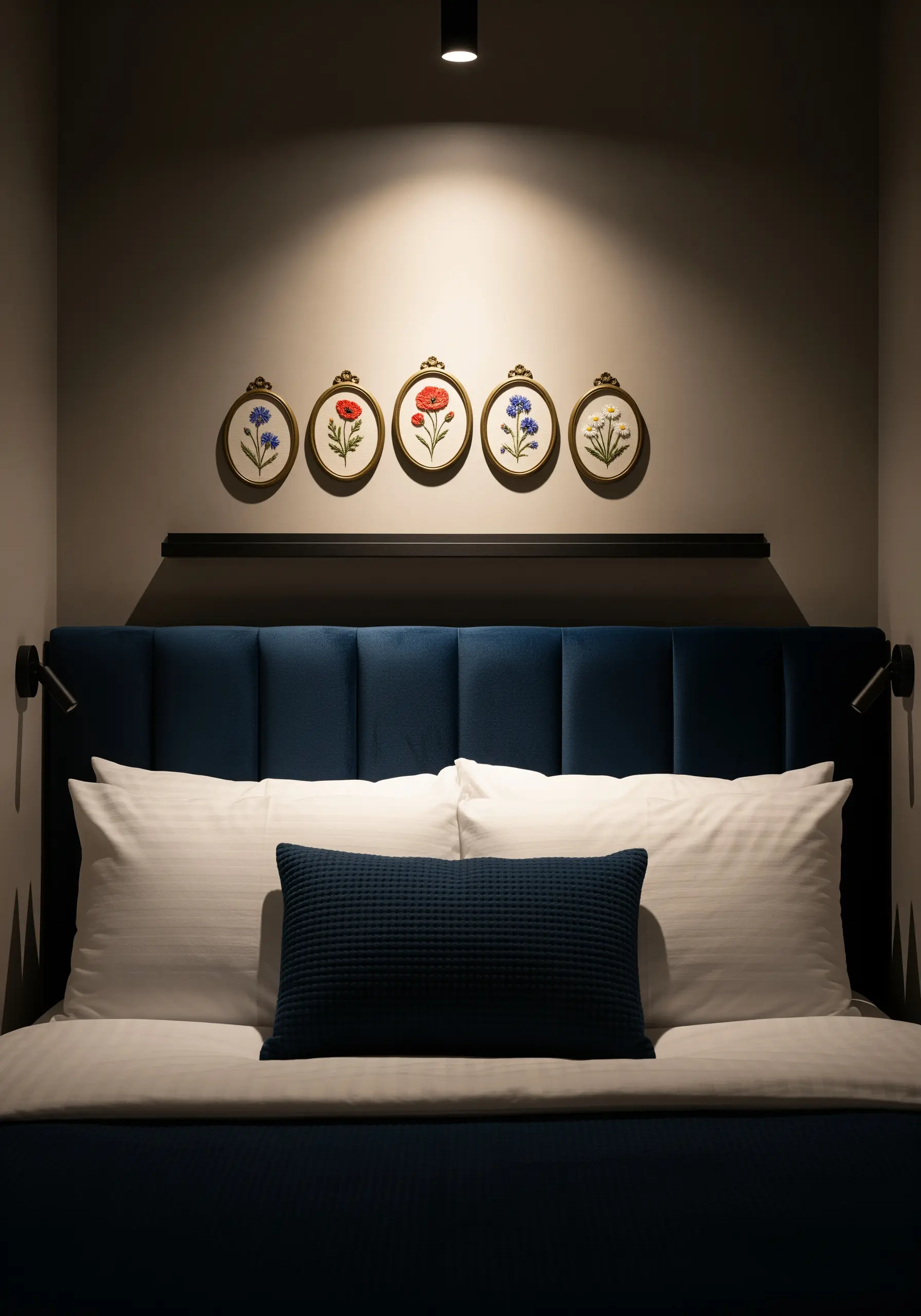 Five small floral embroidery hoops with gold frames lined up on a shelf above a dark blue headboard.