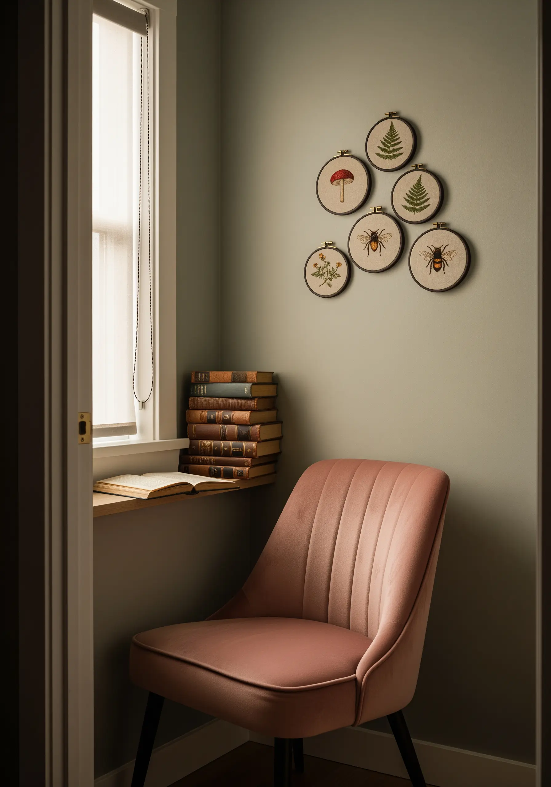 A gallery wall of small embroidery hoops with botanical and insect motifs in a reading nook.